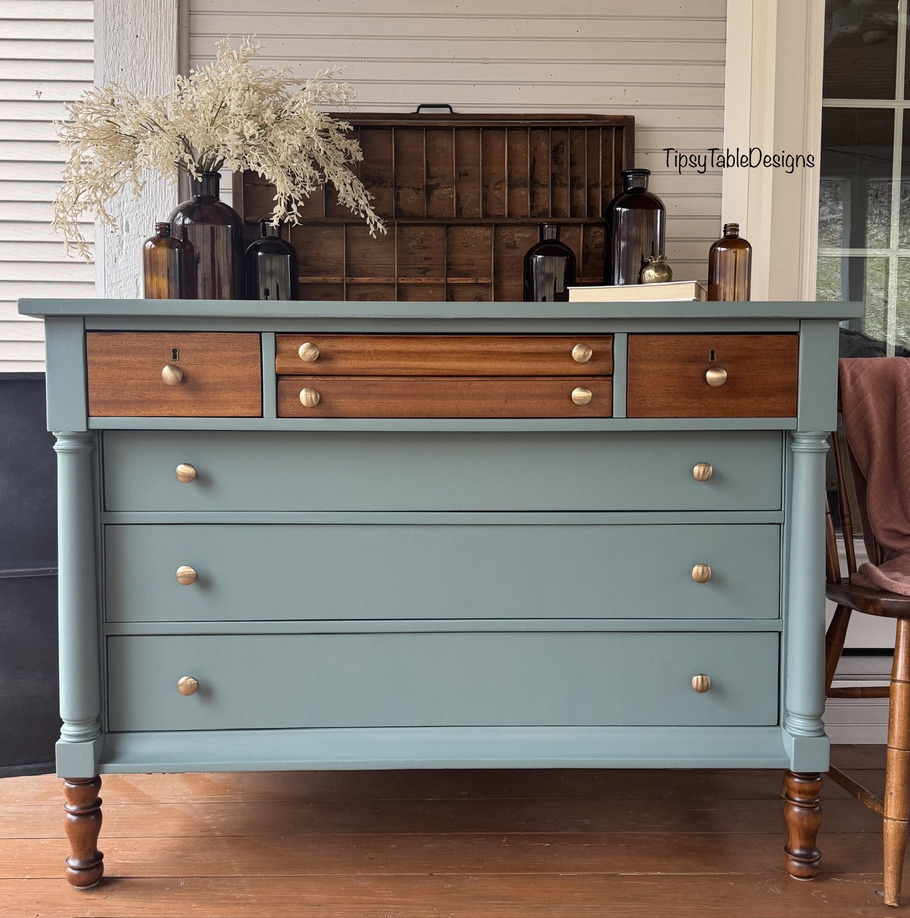 AVAILABLE: Studio Blue Green Vintage 7 Drawer Dresser