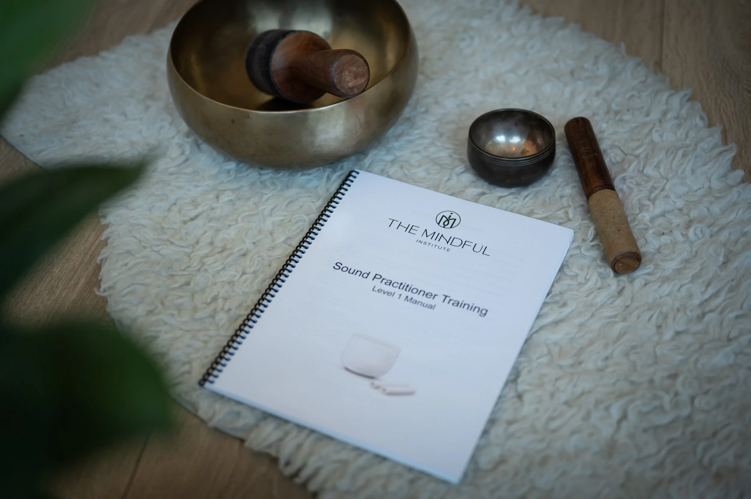 A metal singing bowl with a wooden striker resting inside on a fluffy white rug, next to a smaller metal bowl, a smaller wooden striker, and a booklet titled 'The Mindful Institute Sound Practitioner Training Level 1 Manual.'