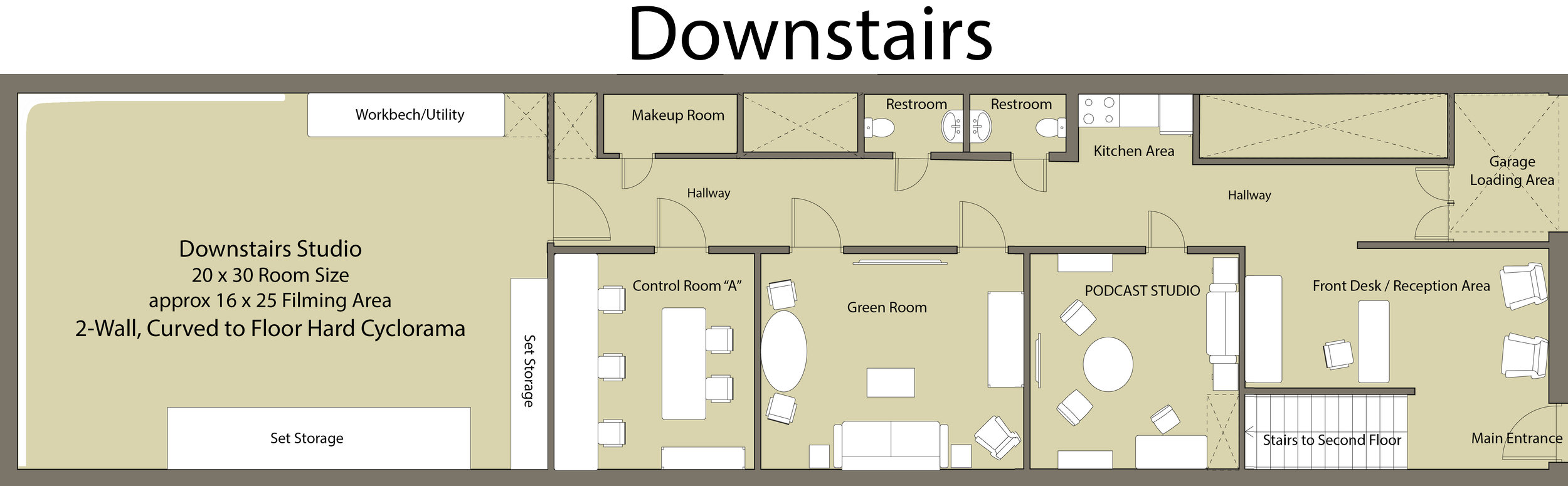 Floorplan of Murray Hill Studios ground floor. Main studio space, client areas, podcast studio, restrooms, and reception area are visible on this floorpan. Floorplan is for visual concept purposes only and is not to scale.