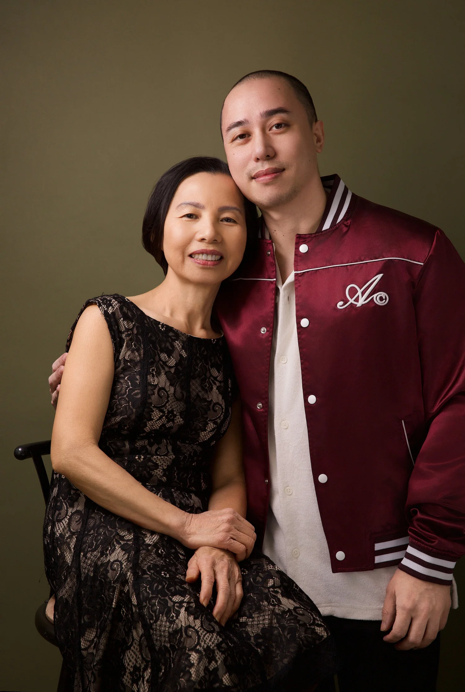 Mother and adult son portrait, San Mateo studio