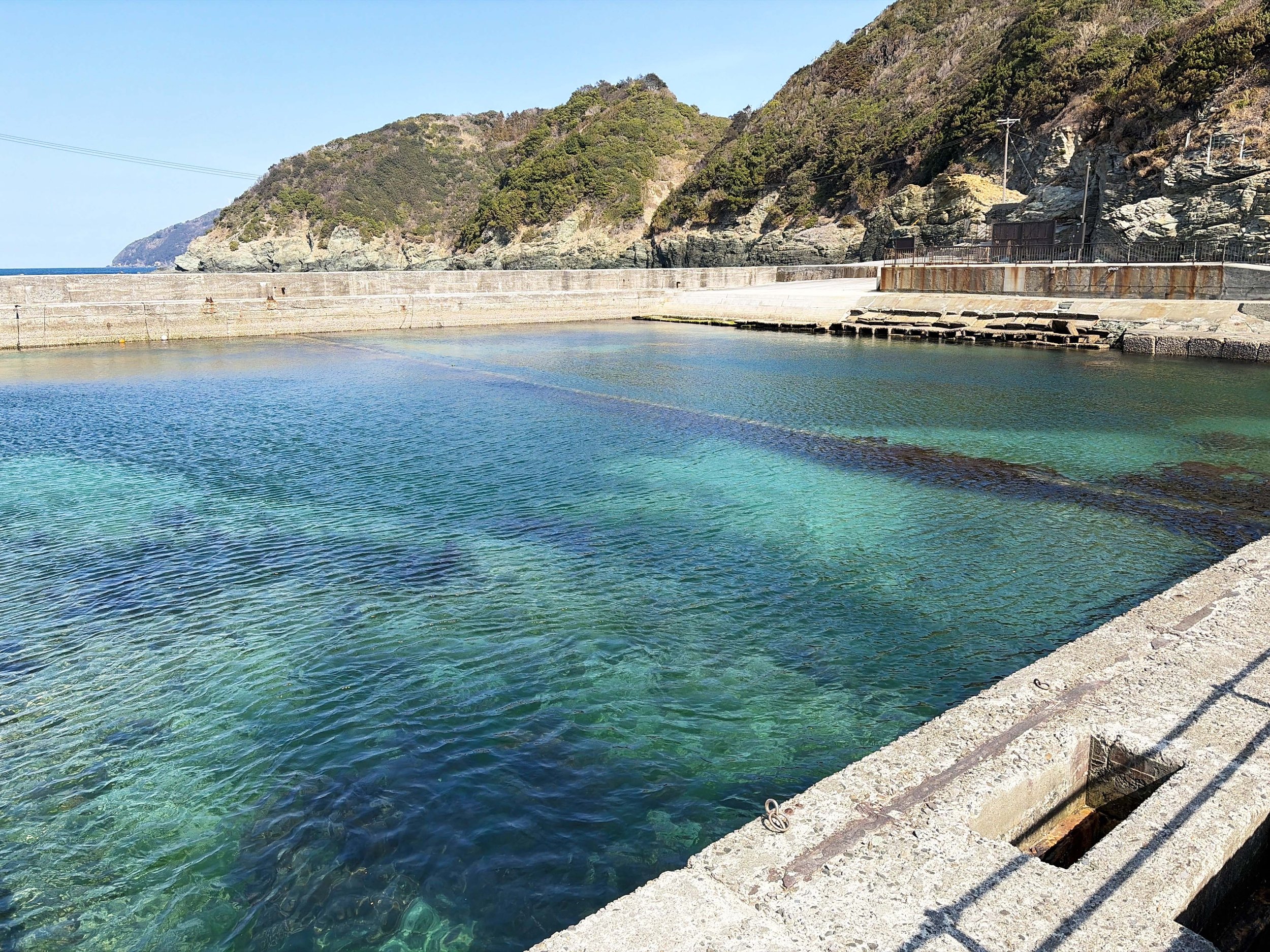 青空の下、透明感のある青緑色の海が広がる港の風景です。手前にはコンクリートの防波堤があり、その向こうに穏やかな海面が広がっています。水中の岩や海藻が透けて見えるほど海は澄んでおり、青からエメラルドグリーンへと色が変化しています。奥には岩肌が露出した山が迫り、緑の木々に覆われています。自然の山と澄んだ海が隣り合う、静かな海辺の景色です。