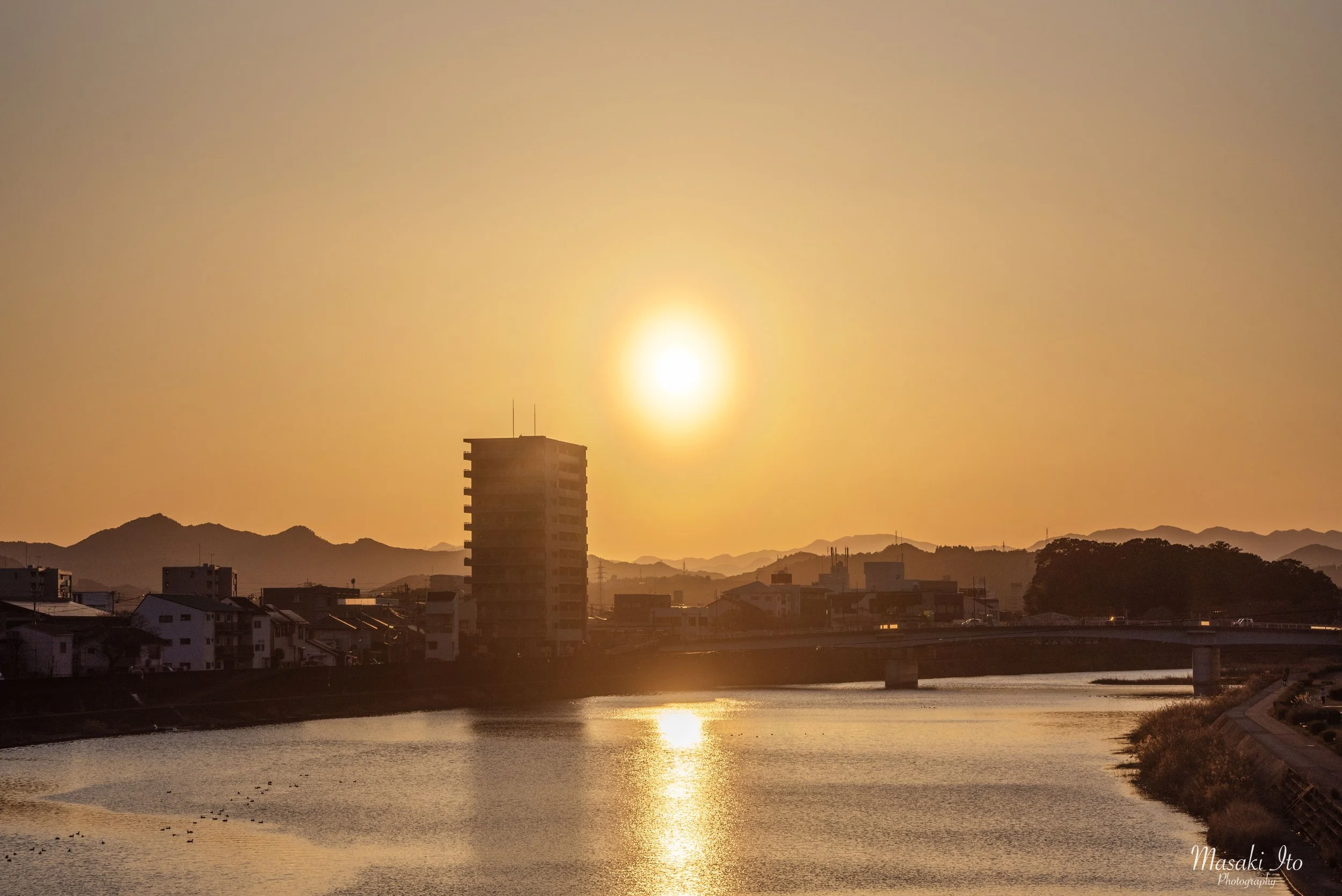高知、四国、鏡川みどりの広場、鏡川、夕日