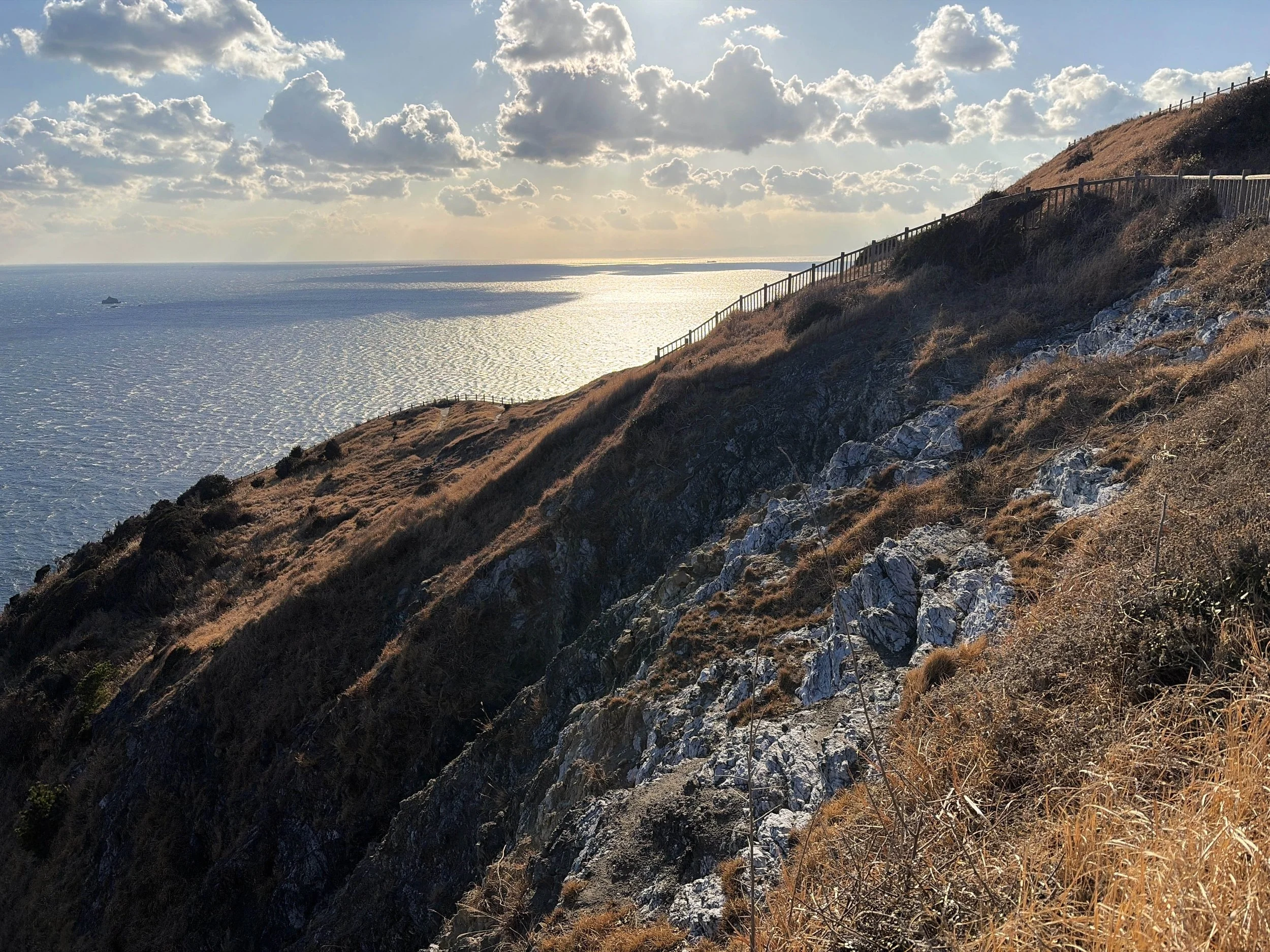 海を見下ろす険しい海岸の風景です。左側には青く広大な海が広がり、海面には太陽の光が帯状に反射して輝いています。右側には急斜面の岩場があり、白っぽい岩と茶色く枯れた草が入り混じっています。斜面の上には木製の柵が設置された遊歩道が曲線を描いて続いています。青空には白い雲が浮かび、雄大で開放感のある景色です。