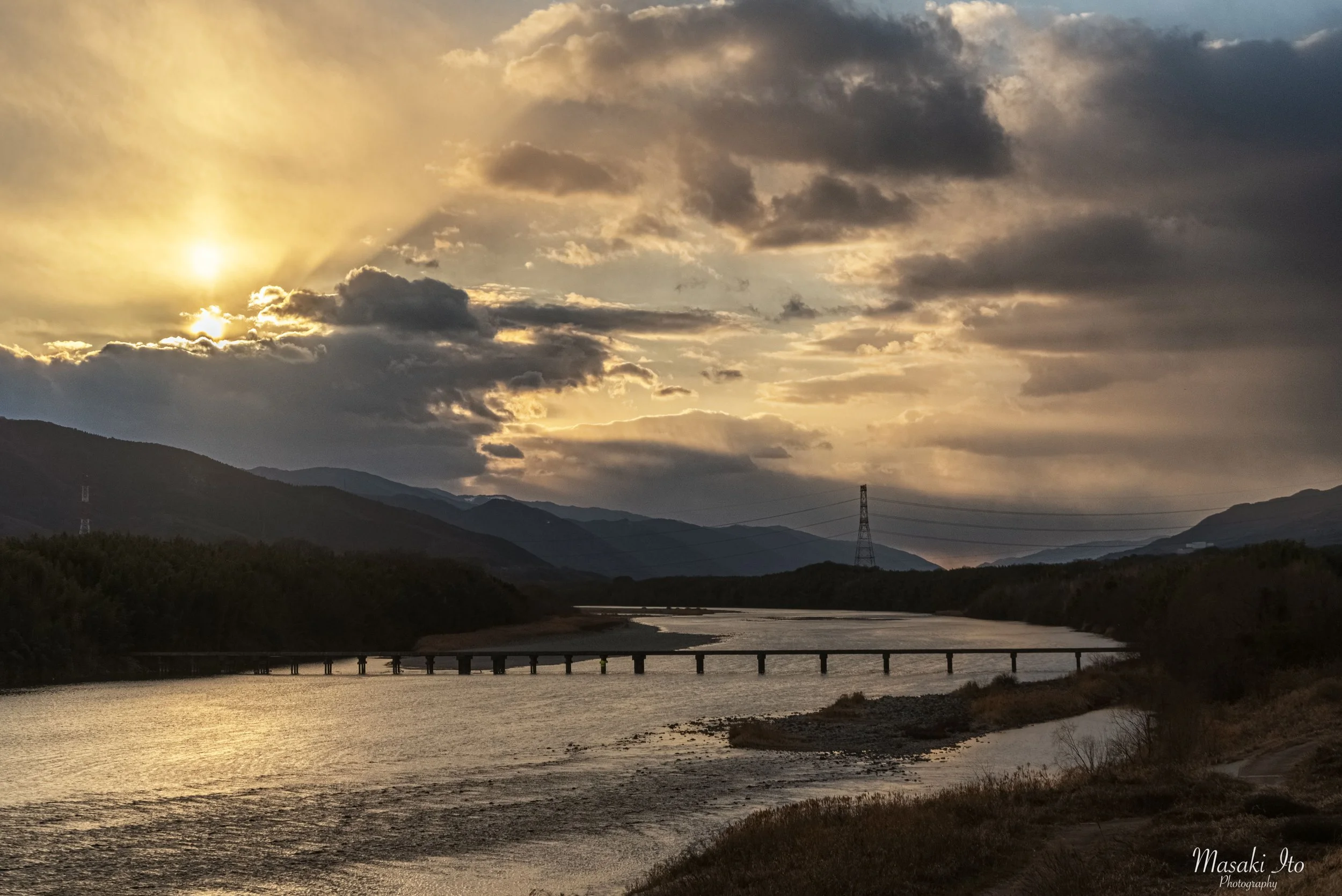 脇町潜水橋、夕焼け、徳島