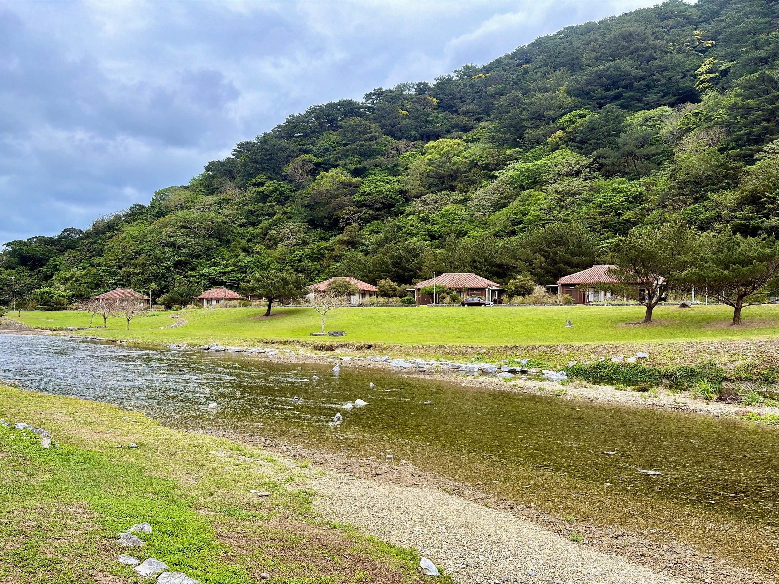 緑豊かな山を背景に、静かな川が横に流れる自然豊かな風景。川沿いには広く整えられた芝生が広がり、数本の松や小さな木々が点在している。対岸には赤茶色の瓦屋根を持つ木造の建物が並び、その背後を深い緑の森林が覆っている。川面には小さな石が見え、穏やかで落ち着いた雰囲気が感じられる。空は薄い雲に覆われ、柔らかな光が景色を包んでいる。
