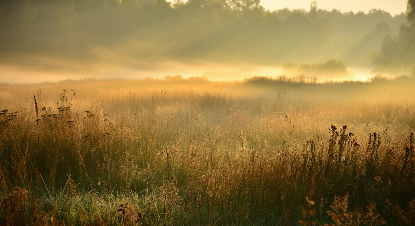 Morgendlicher Nebel über einem Grasefeld bei Sonnenaufgang mit Bäumen am Horizont.