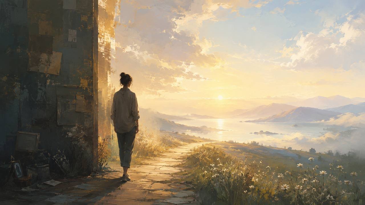 Frau an der Schwelle zwischen Dunkelheit und Licht, mit weitem Blick über eine helle Landschaft als Symbol für spirituelles Erwachen.