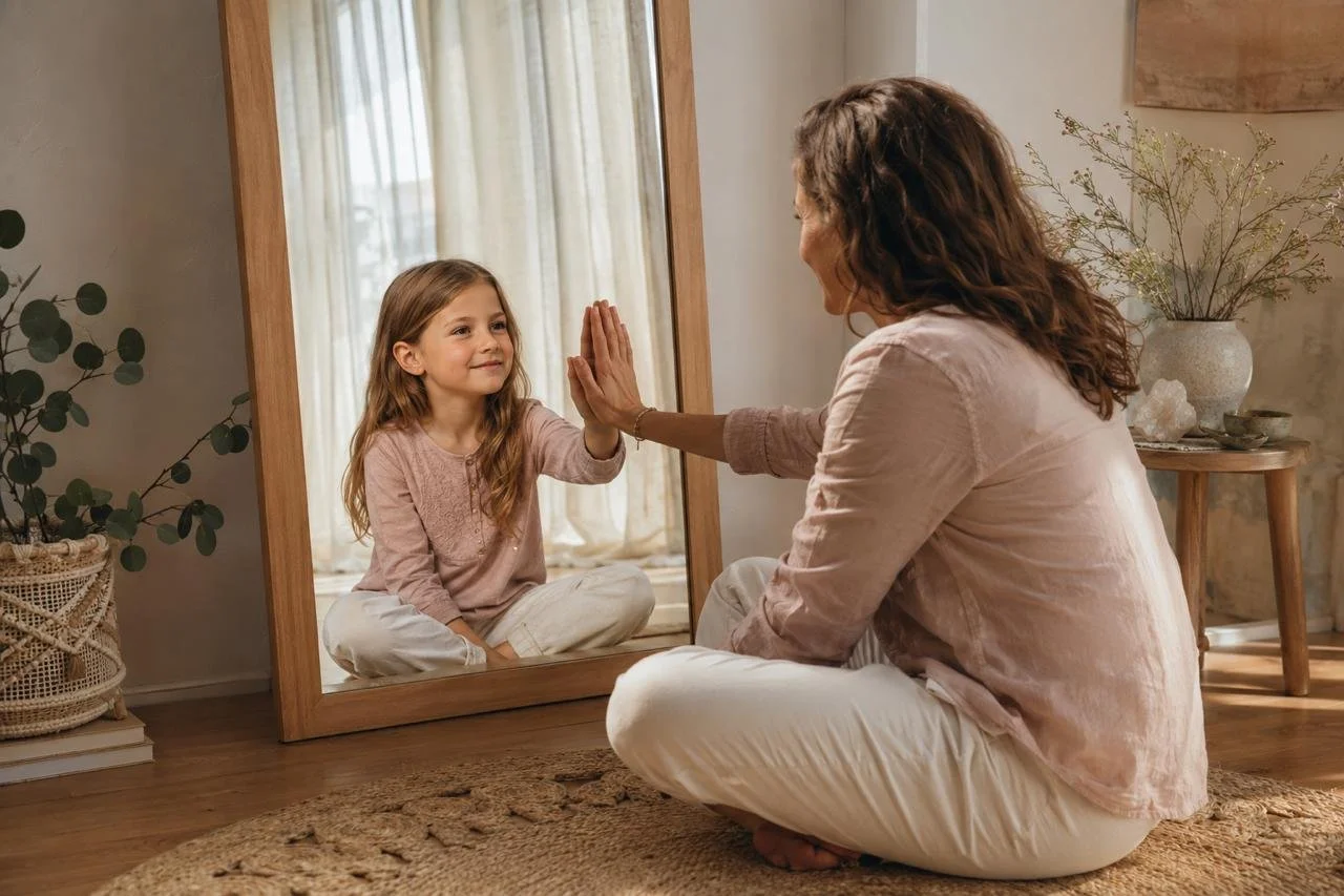 Frau gibt ihrem kindlichen Spiegelbild ein High Five – Symbol für die Heilung und Rückverbindung mit dem inneren Kind.