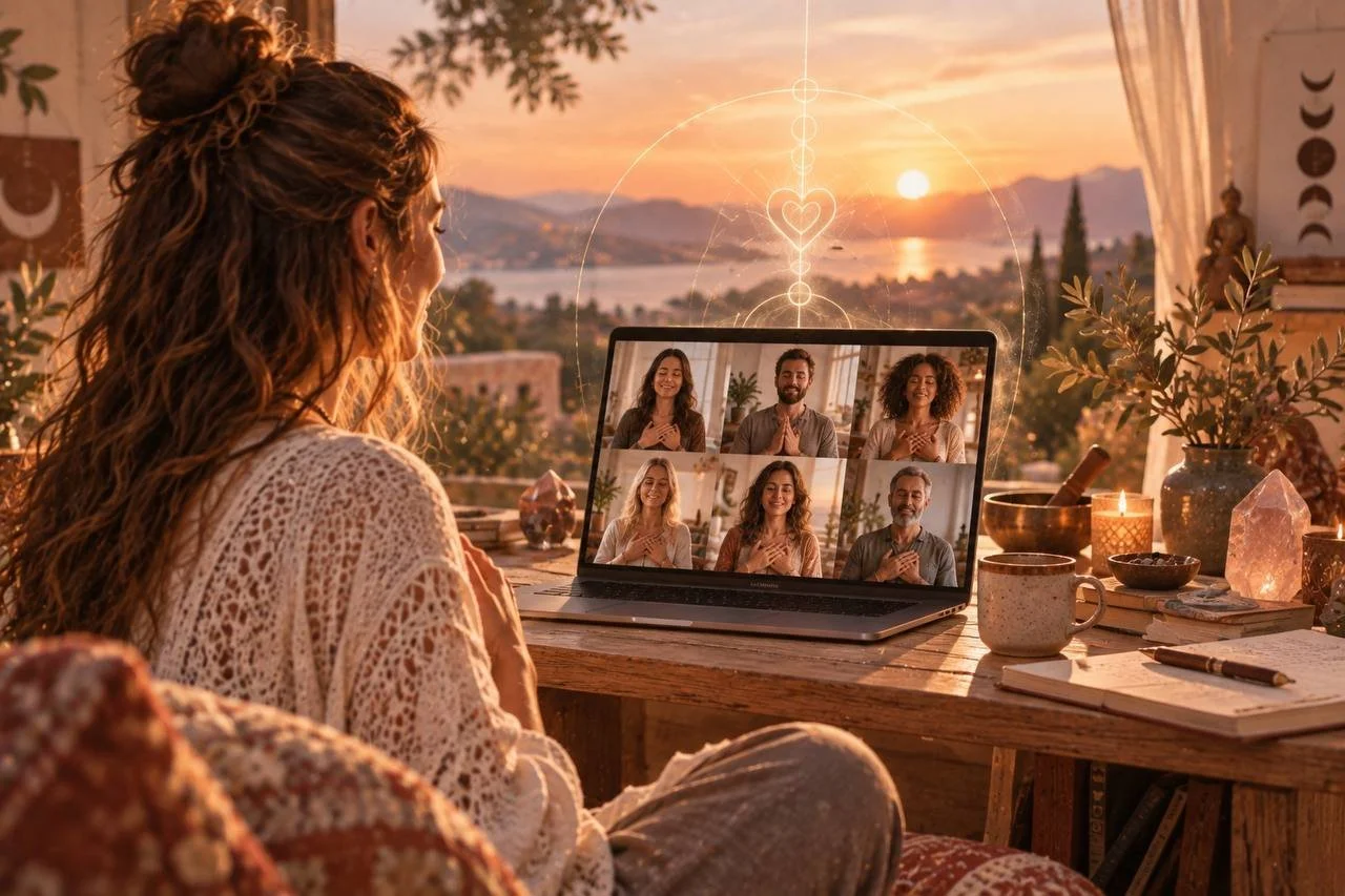 Frau sitzt vor einem Laptop mit Teilnehmern des ThetaHealing Basis Seminars