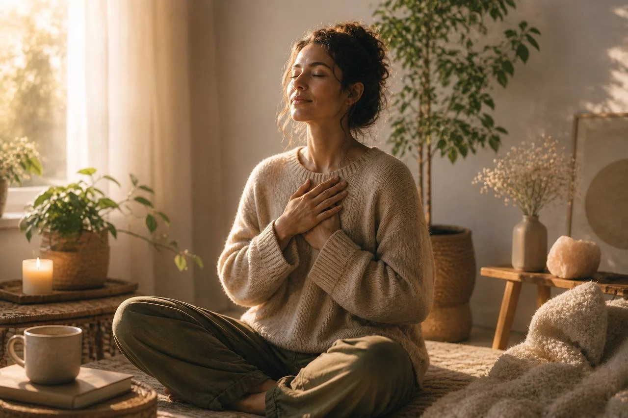 Frau  heilt ihren inneren Kritiker durch Meditation und innere Übungen