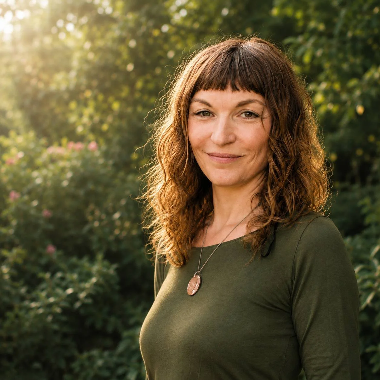 ThetaHealing Ausbilderin mit grünem Shirt steht in der Natur und schaut in die Kamera
