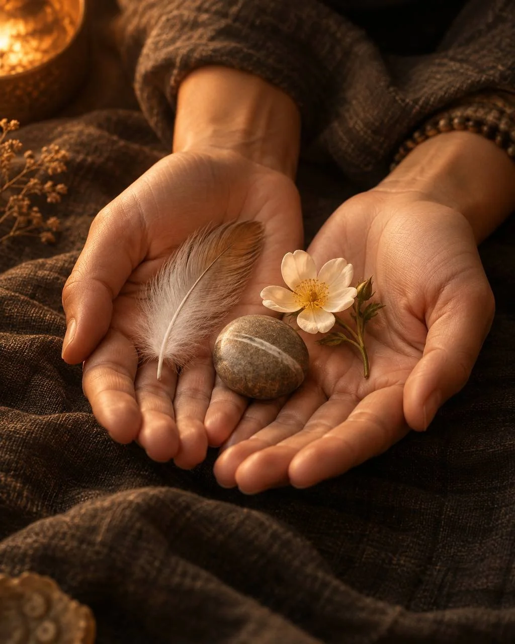 offene Hände bieten 3 Geschenke an: Stein, Feder und Blume als Symbol für die innere Weisheit in der Meditation