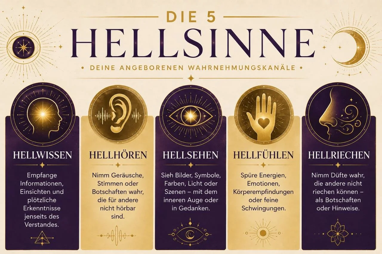 Infografik mit einer Übersicht über die 5 Hellsinne: Hellrichen, Hellssehen, Hellwissen, Hellfühlen, Hellhören