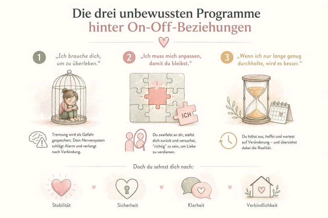 Infografik zeigt die drei unbewussten Programme hinter On-Off-Beziehungen
