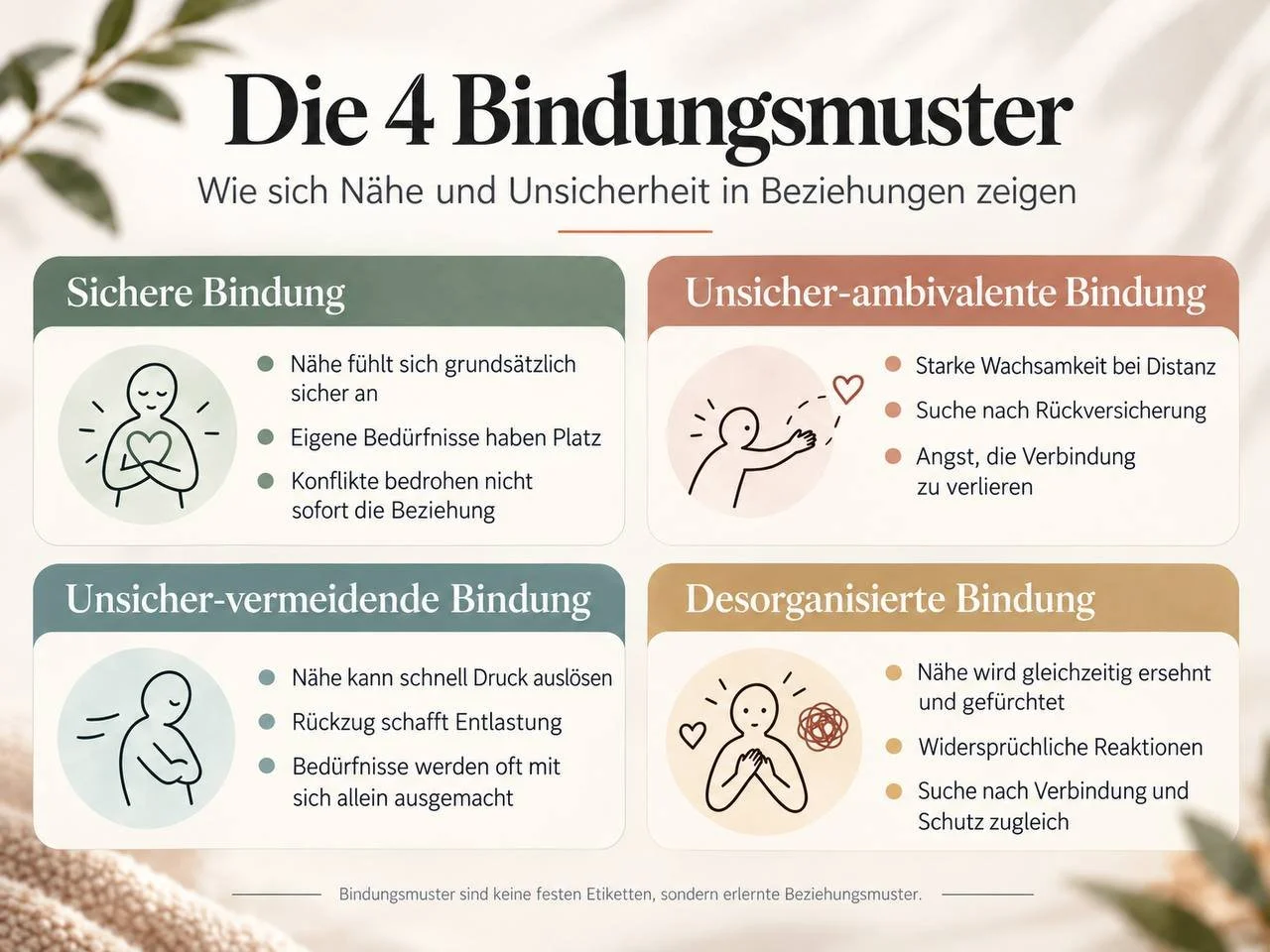 Die vier Bindungsmuster im Überblick: sichere, unsicher-ambivalente, unsicher-vermeidende und desorganisierte Bindung mit typischen Reaktionen in Beziehungen.