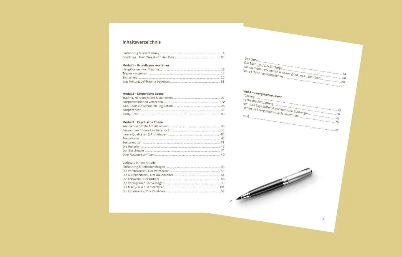 Zwei überlagernde Seiten eines Inhaltsverzeichnisses auf einem braunen Hintergrund, mit einem Stift am unteren Rand.