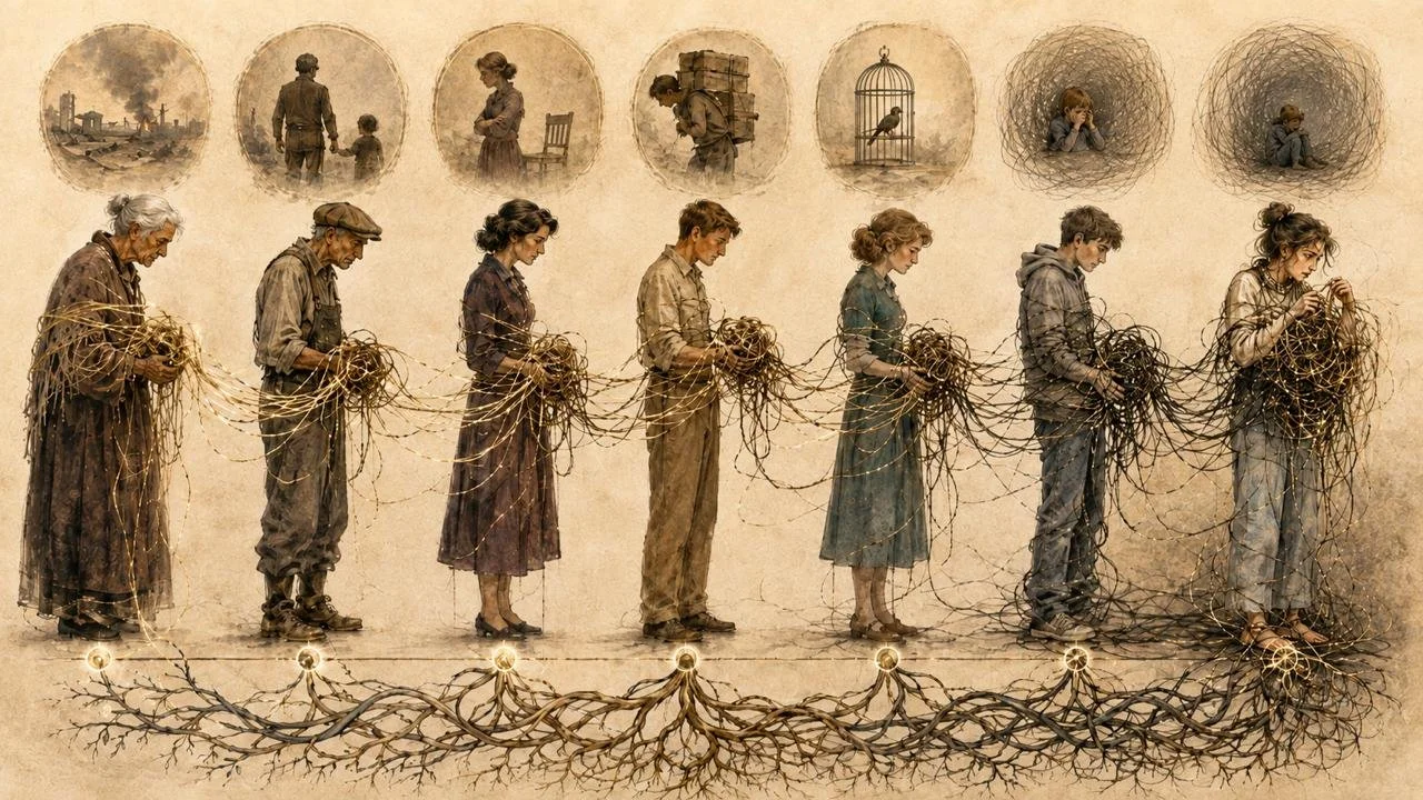 Illustration von sieben Generationen einer Familie, die über einen goldenen Faden miteinander verbunden sind und die Weitergabe transgenerationaler Themen bis in die Gegenwart symbolisieren.