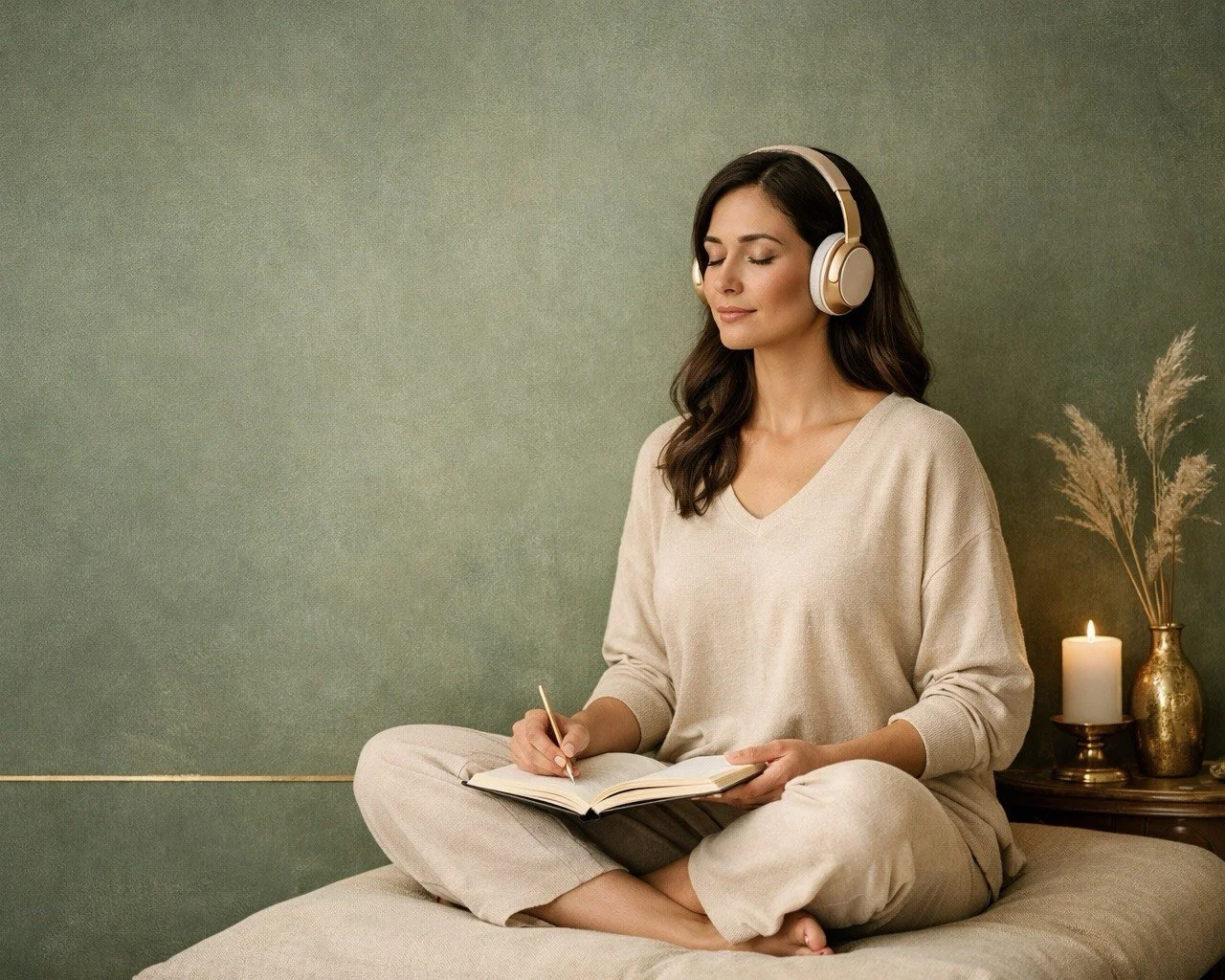 Eine junge Frau sitzt im Schneidersitz auf einem Bett, trägt Kopfhörer und schreibt in ein Notizbuch, im Hintergrund eine grüne Wand, eine Kerze und eine Vase mit Trockenpflanzen.