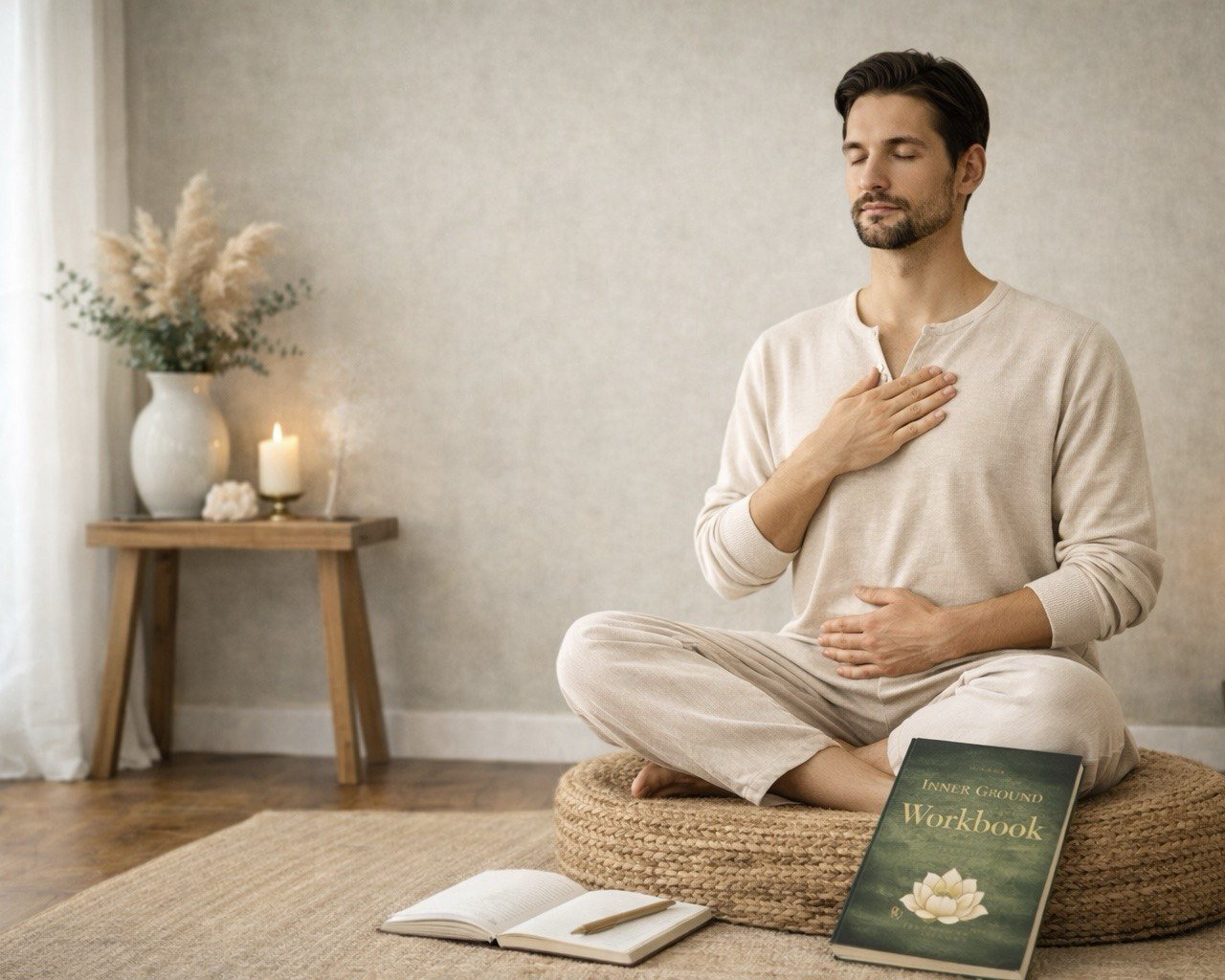Ein Mann sitzt in Meditationshaltung auf einem runden Bodenkissen, die Hand auf die Brust gelegt, in einer ruhigen Umgebung mit einer Kerze und einem Blumenstrauß auf einem kleinen Tisch im Hintergrund.