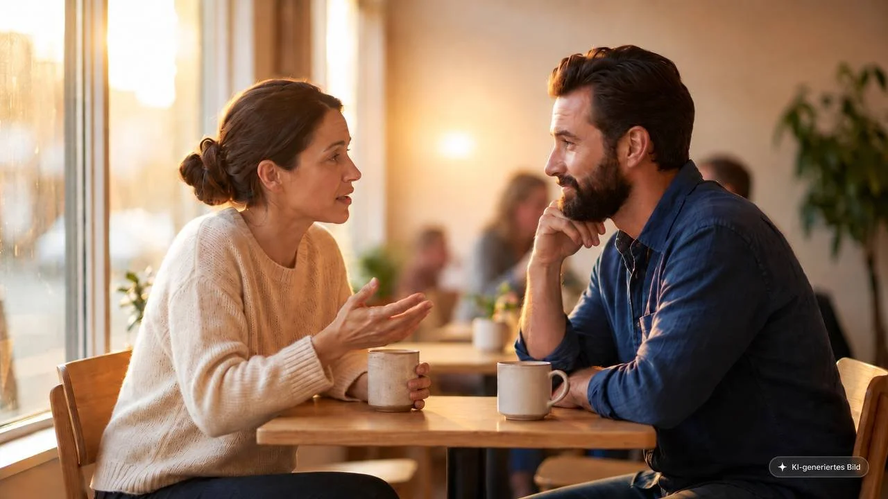 Zwei Menschen sitzen sich in einem Café gegenüber und führen bei warmem Abendlicht ein ruhiges, aufmerksames Gespräch – Symbol für das Licht im anderen sehen.