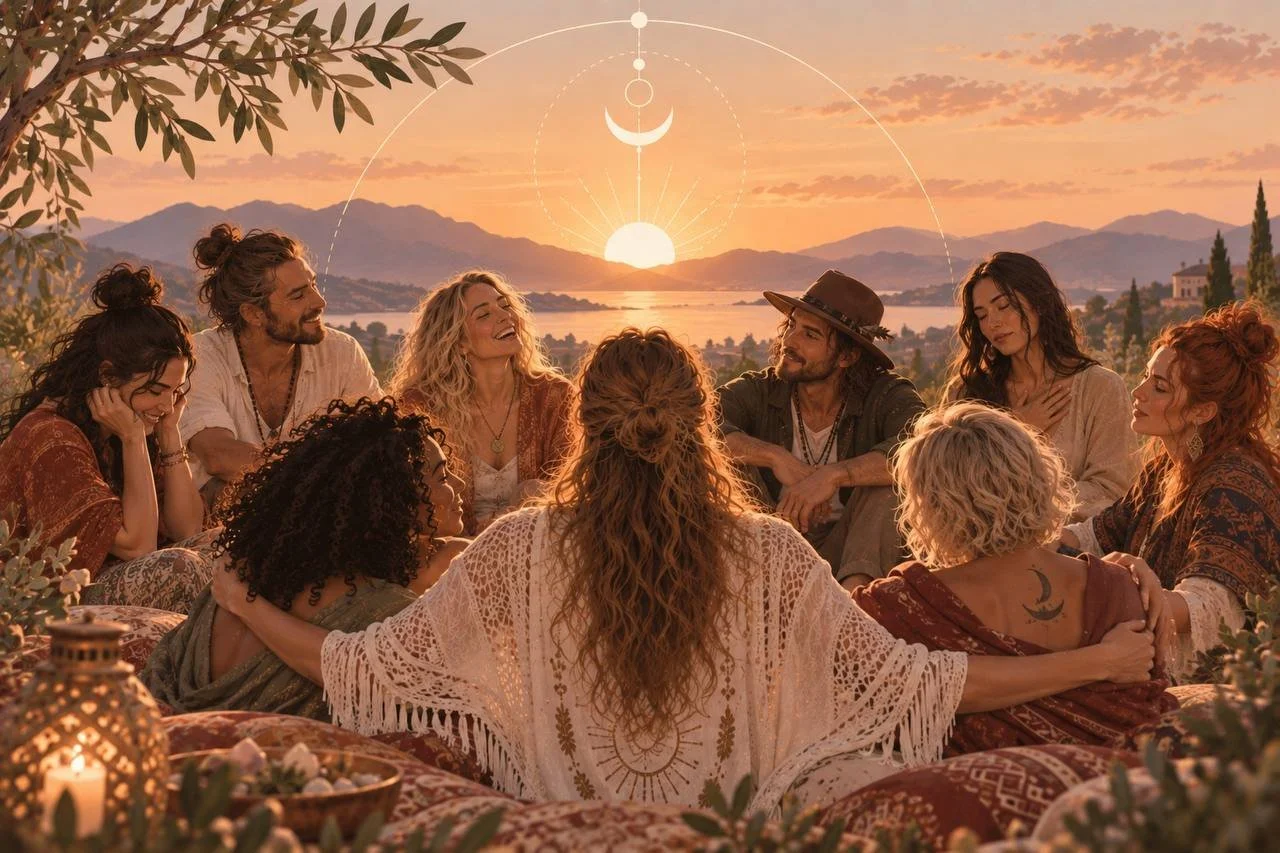 Teilnehmer des Thetahealing Aufbau Seminars sitzen beim Sonnenuntergang vor einem See und lachen miteinander