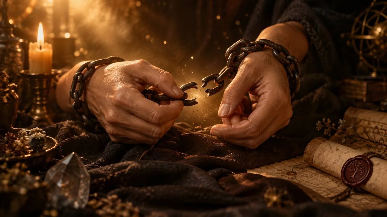 Hände sprengen eine Kette als Symbol für das Lösen karmischer Seelenverträge und alter Gelübde
