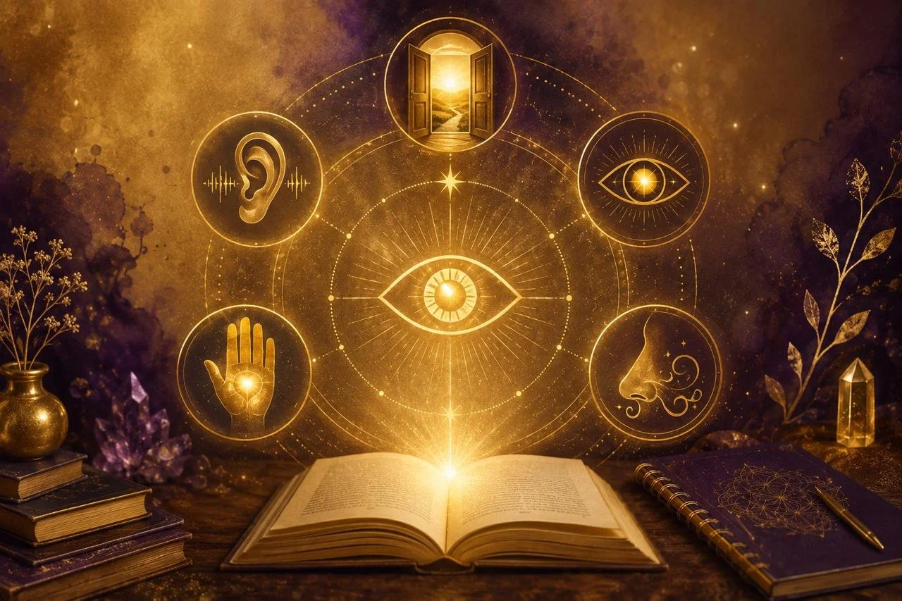 Mystische Darstellung intuitiver Wahrnehmung mit Auge, Ohr, Hand und leuchtenden Symbolen zum Thema Hellsehen lernen.