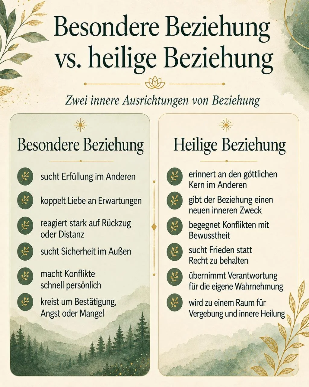 **„Infografik: Besondere Beziehung und heilige Beziehung im Vergleich – Erwartungen, Verlustangst und Sicherheit im Außen gegenüber Vergebung, Bewusstheit, innerer Verbundenheit und Frieden.“**