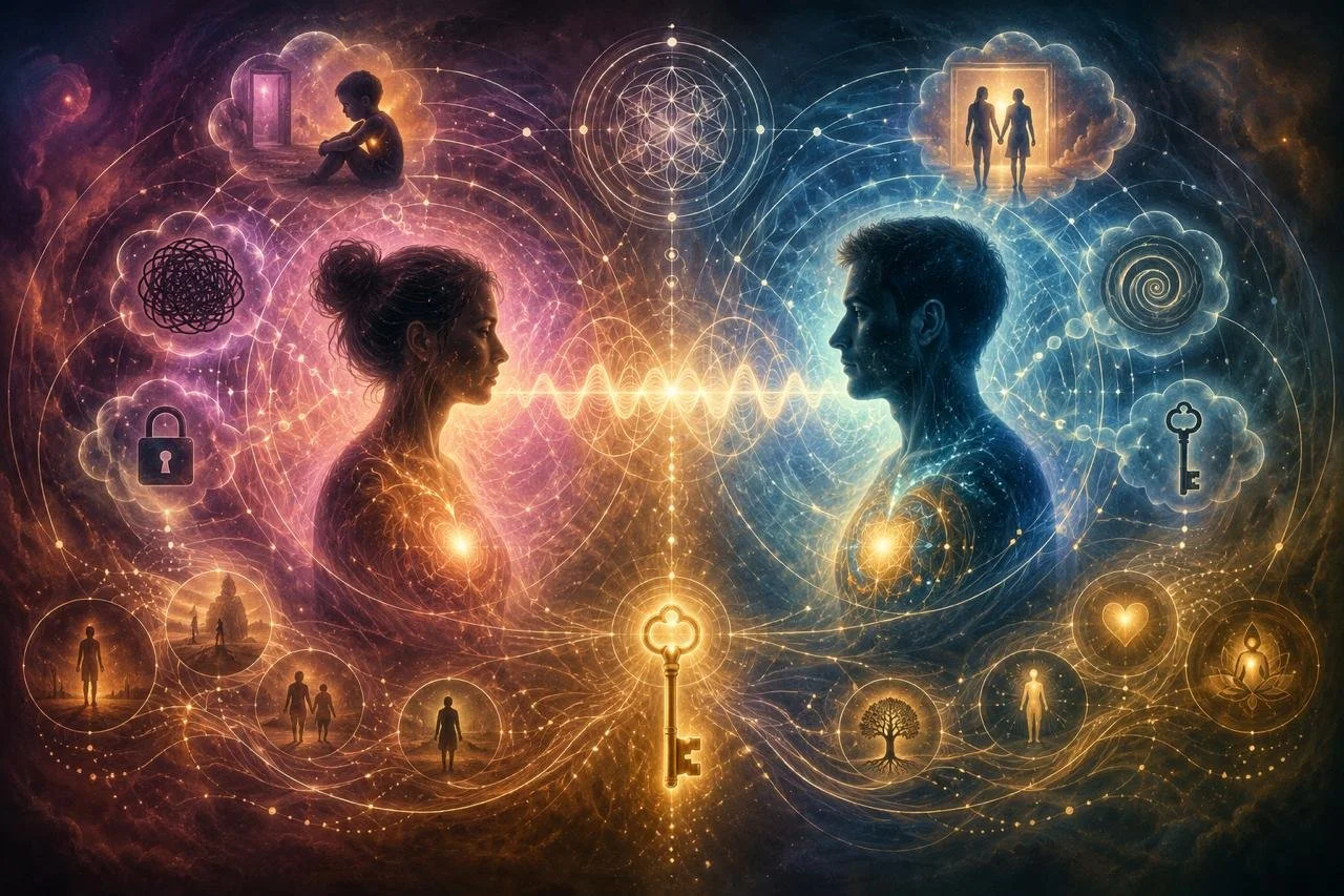 Grafik über Karmische Beziehung und energetische Resonanz zwischen zwei Menschen mit Glaubenssätzen, gespeicherten Mustern und Seelenverbindung.