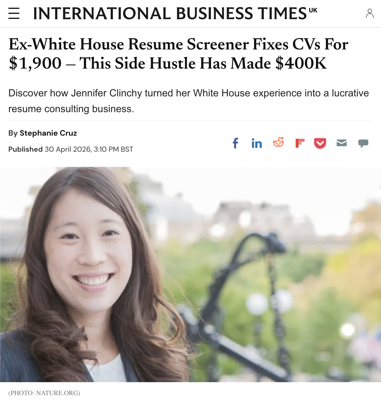 International Business Times profile of Jennifer Clinchy certified resume writer