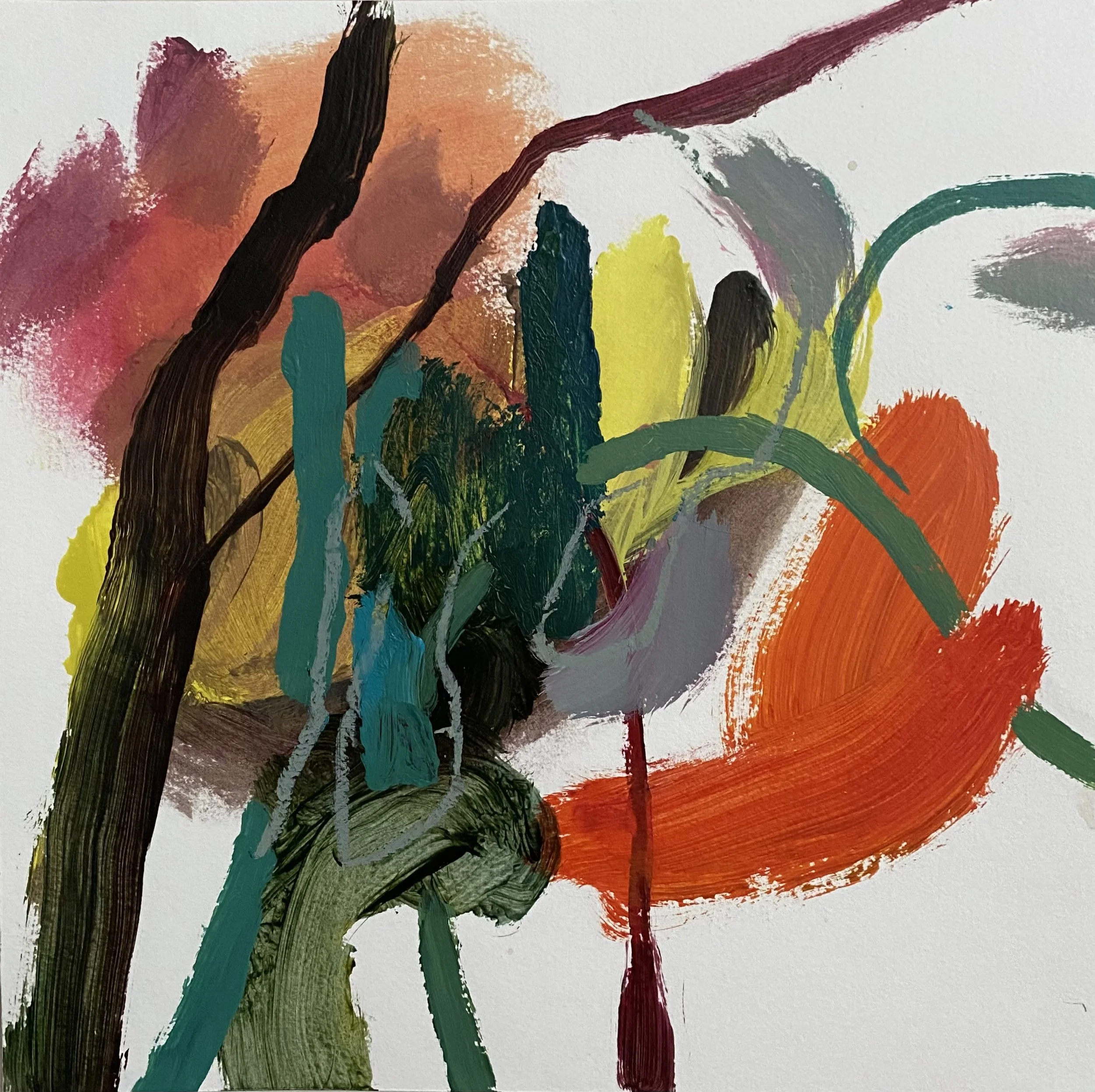 Abstract painting with colorful brushstrokes in orange, yellow, green, brown, pink, and purple on a white background.