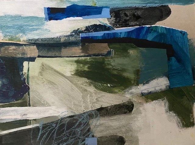 Abstract painting with various shades of blue, green, black, white, and beige in a layered, textured style.