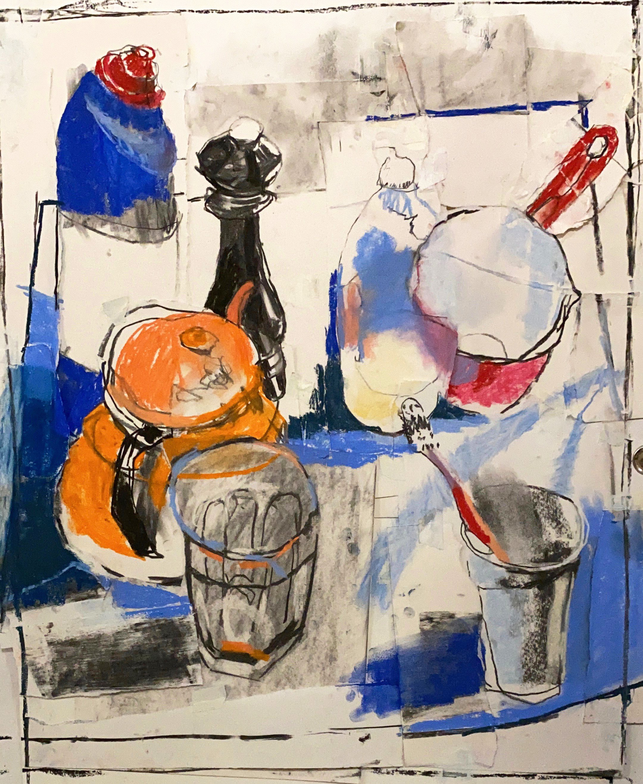 A colorful abstract painting of a still life scene with pumpkins, jars, a glass, and a cup on a table.