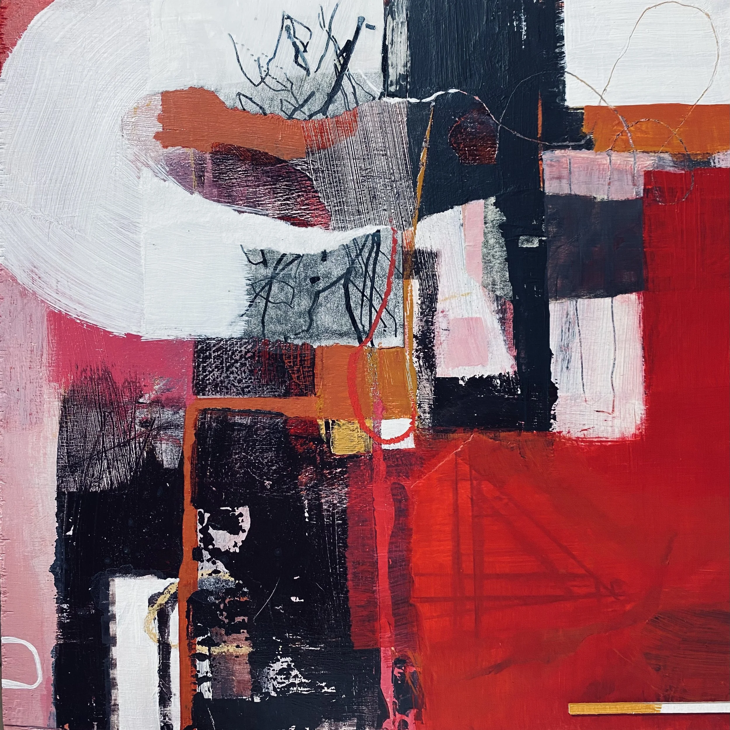 Abstract painting with bold blocks of red, black, white, pink, orange, and yellow, featuring textured brushstrokes and fine lines.