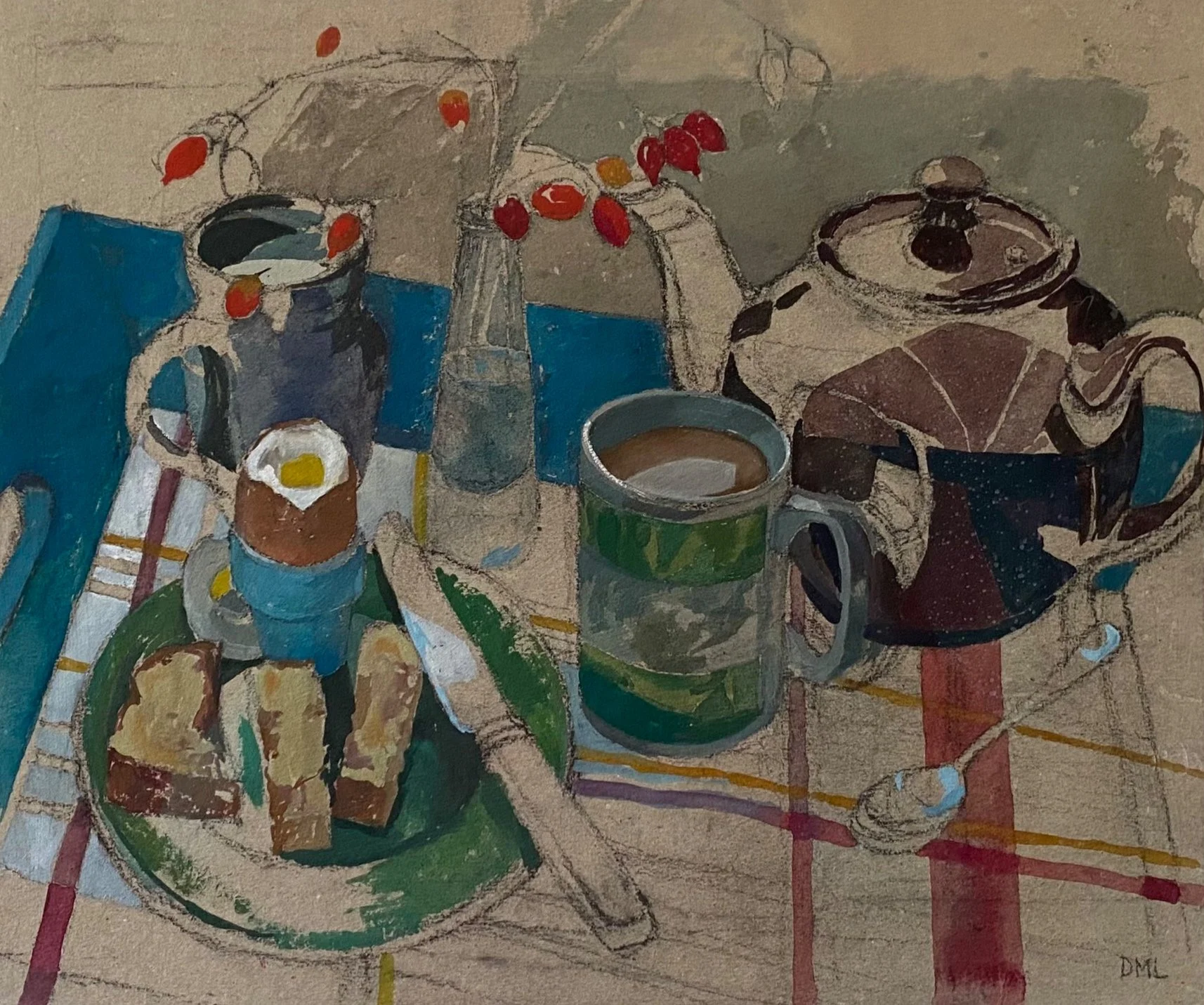 A still life painting of a breakfast table with a waffle, butter, syrup, coffee, a teapot, a jar of berries, and a glass of water on a colorful checkered tablecloth.