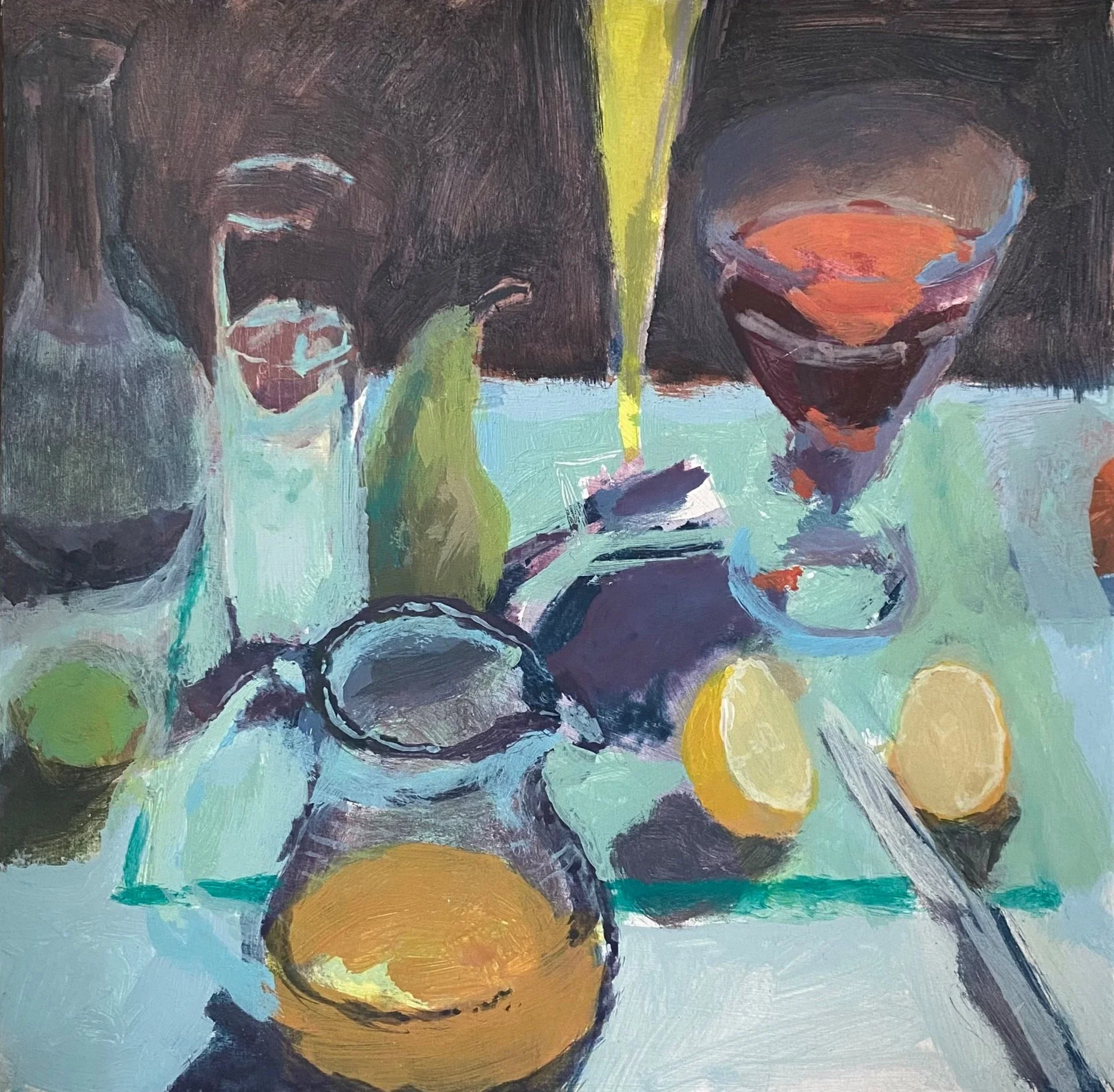 An abstract still life painting of a table with various objects including glasses of red wine, lemons, and a knife.