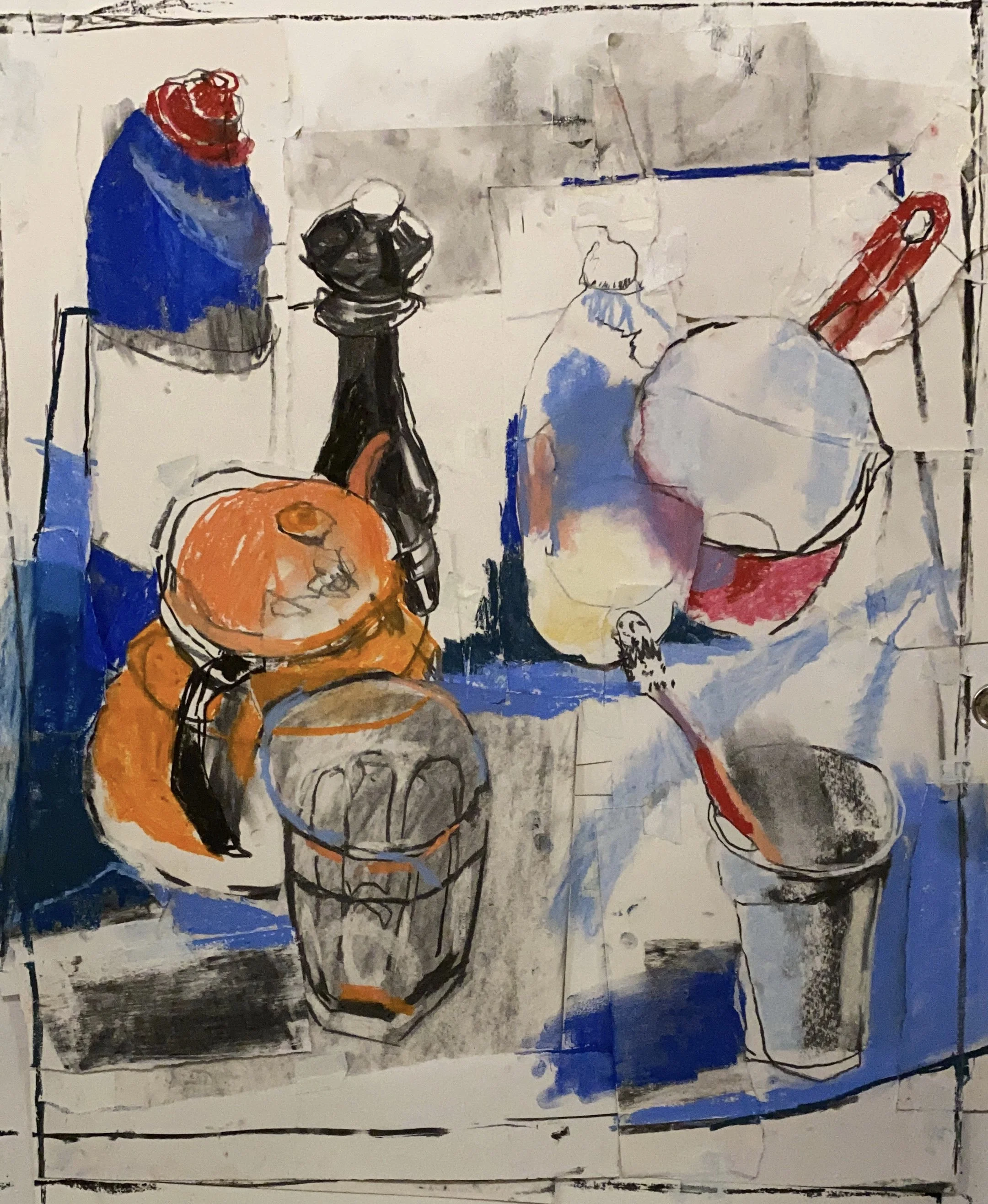 An abstract painting of a kitchen scene with jars, a pumpkin, and utensils on a table in blue, orange, black, and gray colors.