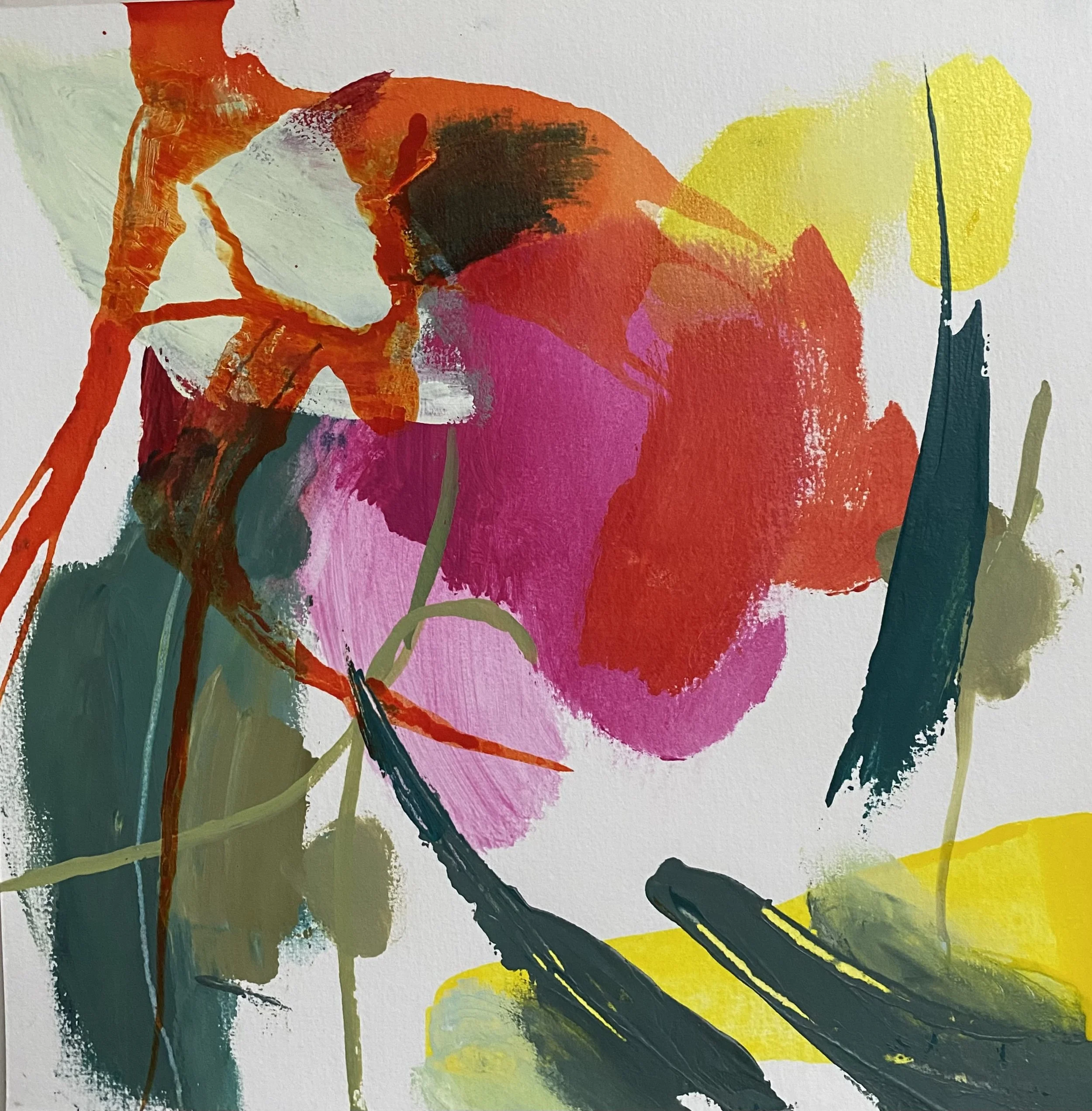 Abstract floral painting with bold brushstrokes in pink, red, orange, green, yellow, and dark blue on a white background.