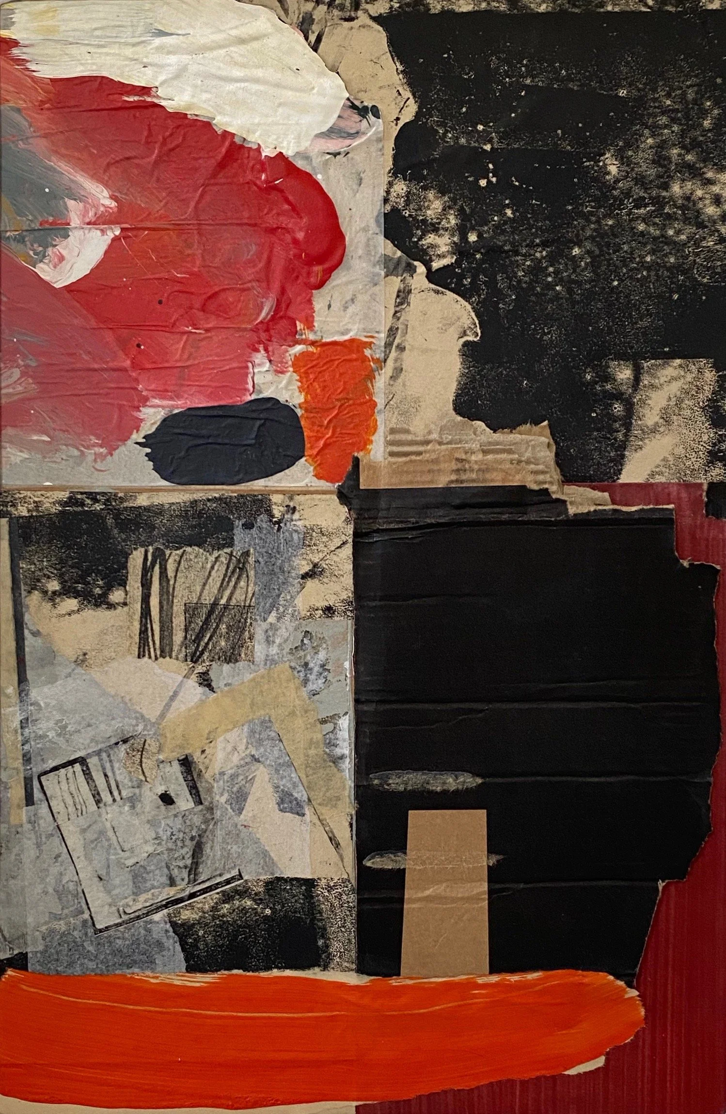 Abstract collage artwork with torn paper, paint splashes, and a silhouette of a person's face in profile, featuring black, red, beige, and orange colors.