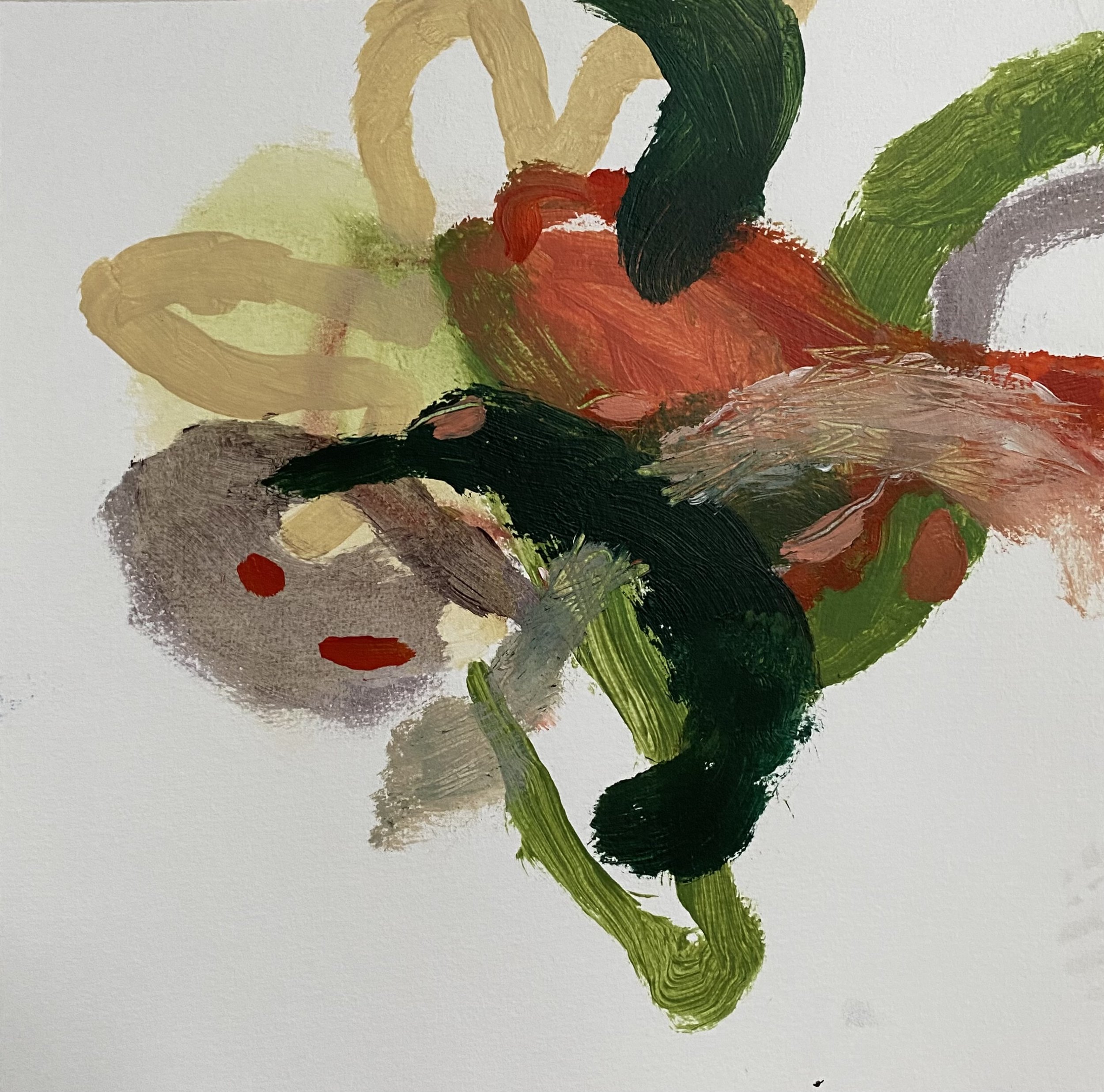 Abstract painting with bold brushstrokes in green, black, red, beige, and gray on a white background.