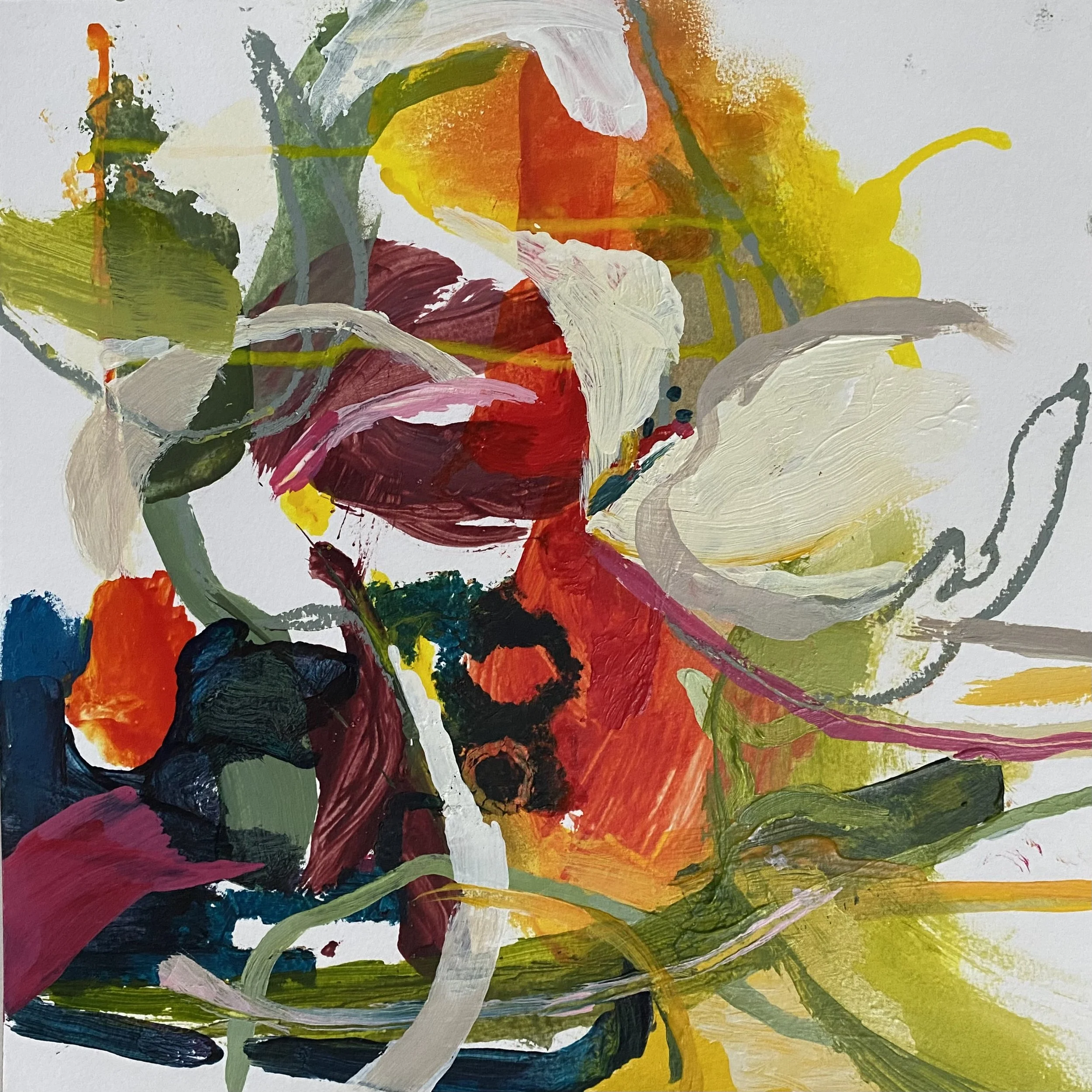 Abstract painting with vibrant colors including red, yellow, orange, white, green, black, and blue, featuring bold brushstrokes and swirling patterns.