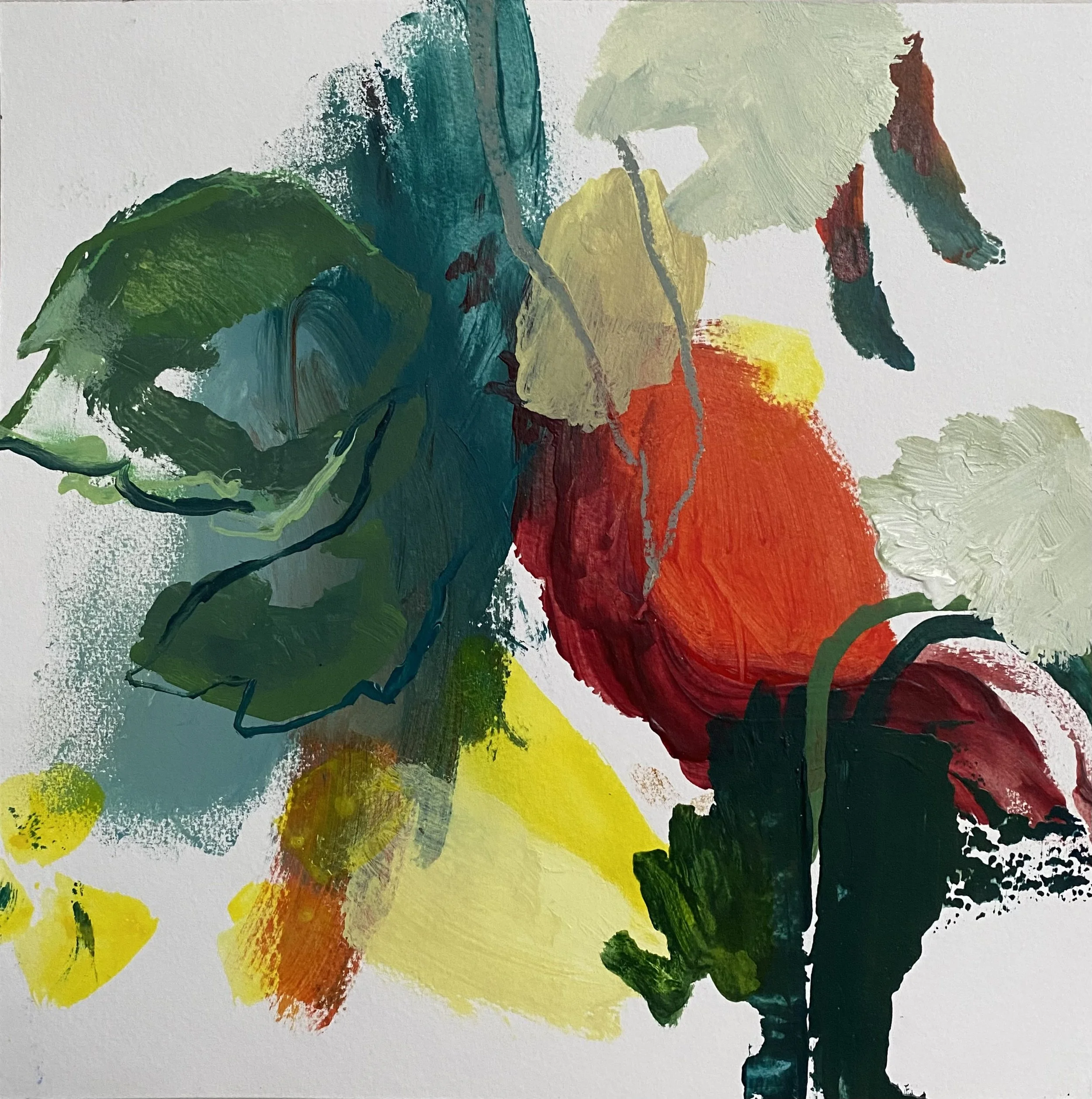 Abstract painting with green leaves, red and orange shapes, and yellow accents on white background.