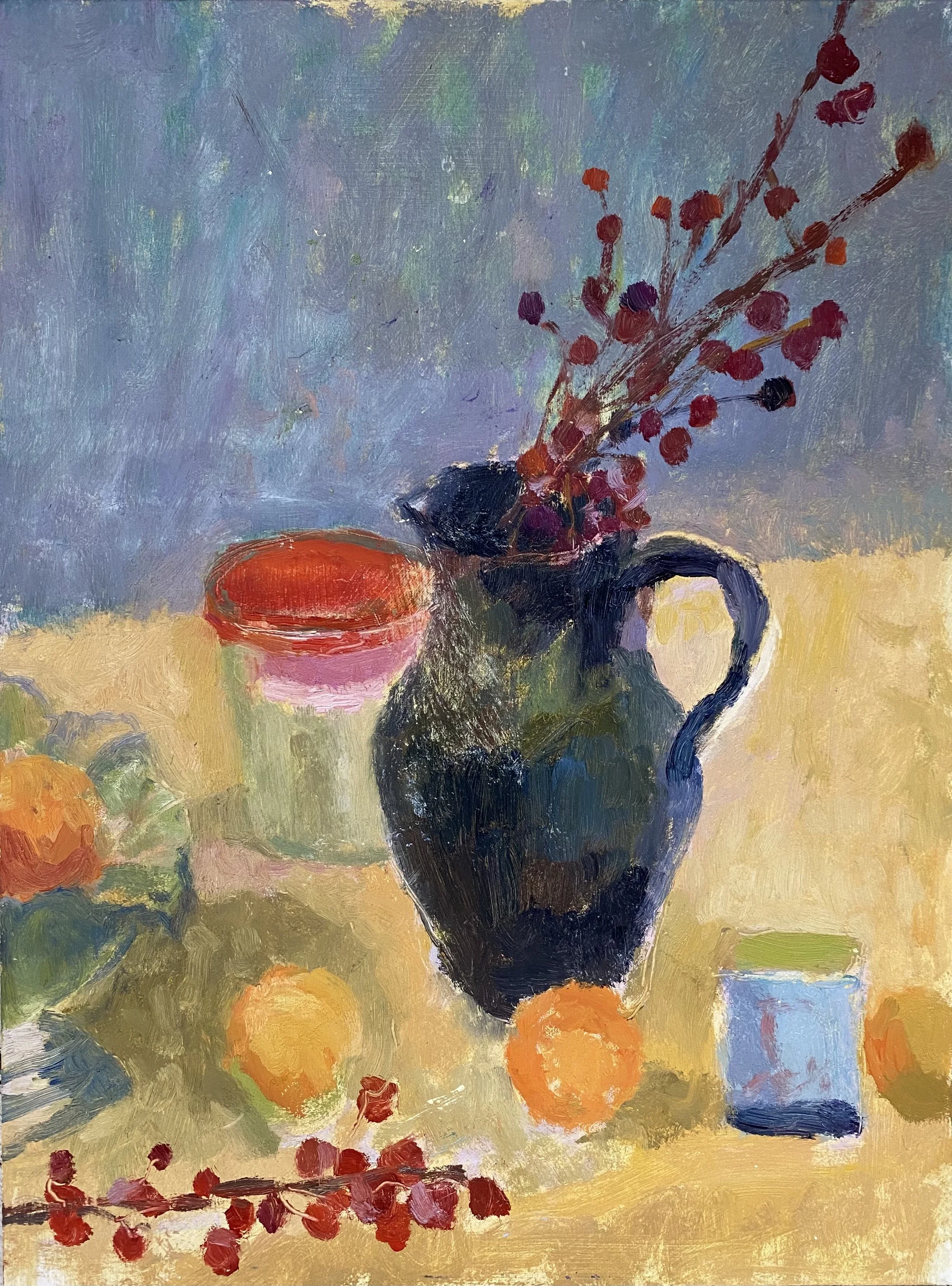 An impressionist-style painting of a still life with a dark pitcher holding red berries and branches, a green container with a red lid, two oranges, a small blue and white container, and some green leaves on a yellow surface with a blue background.