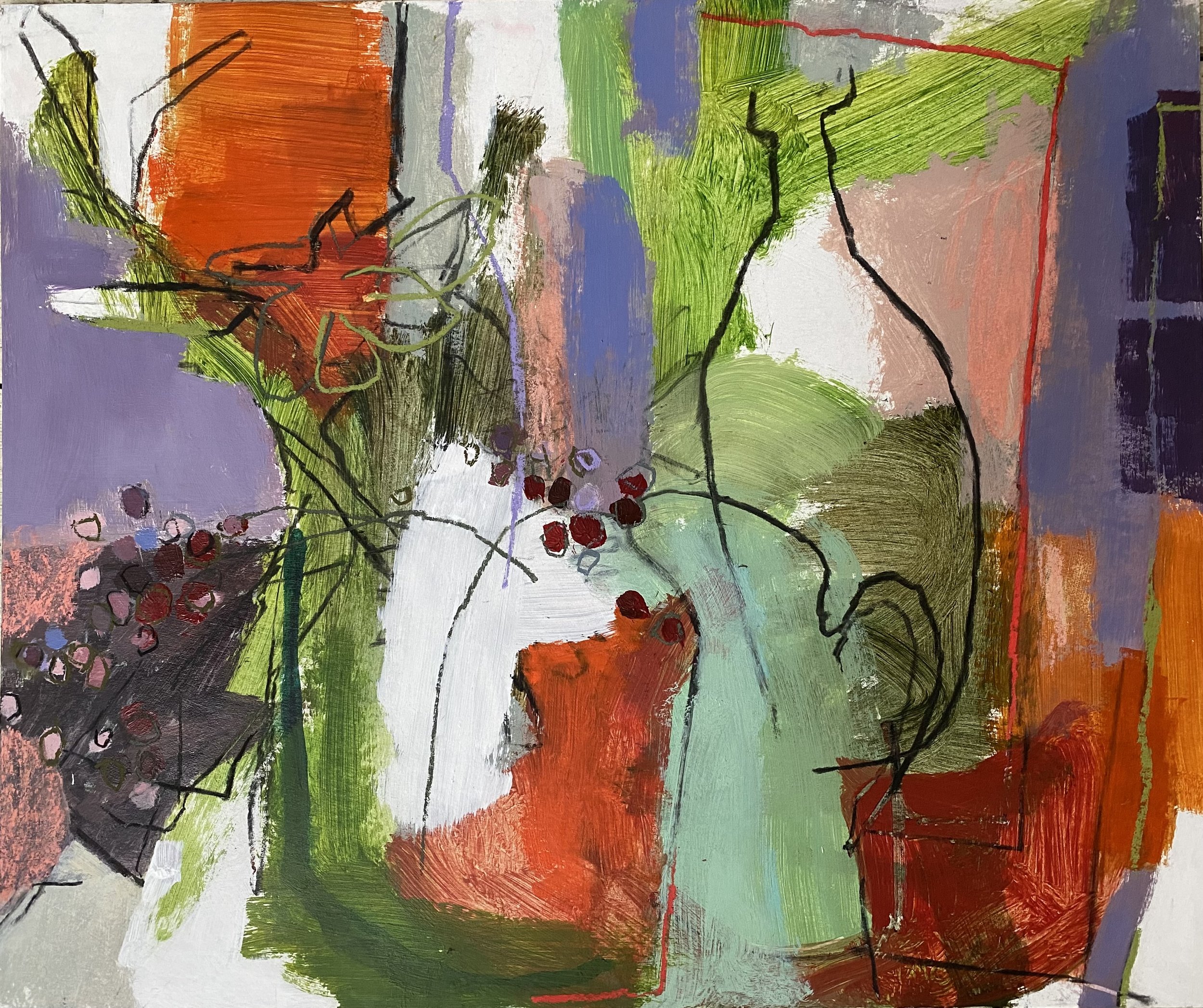 Abstract painting with vibrant colors, including green, purple, orange, red, white, and black, featuring various shapes, lines, and textured brushstrokes.