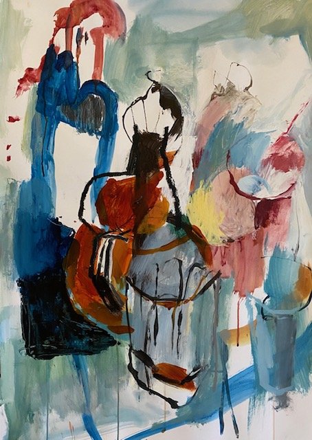 Abstract watercolor painting featuring loosely defined objects in shades of blue, red, yellow, and black.