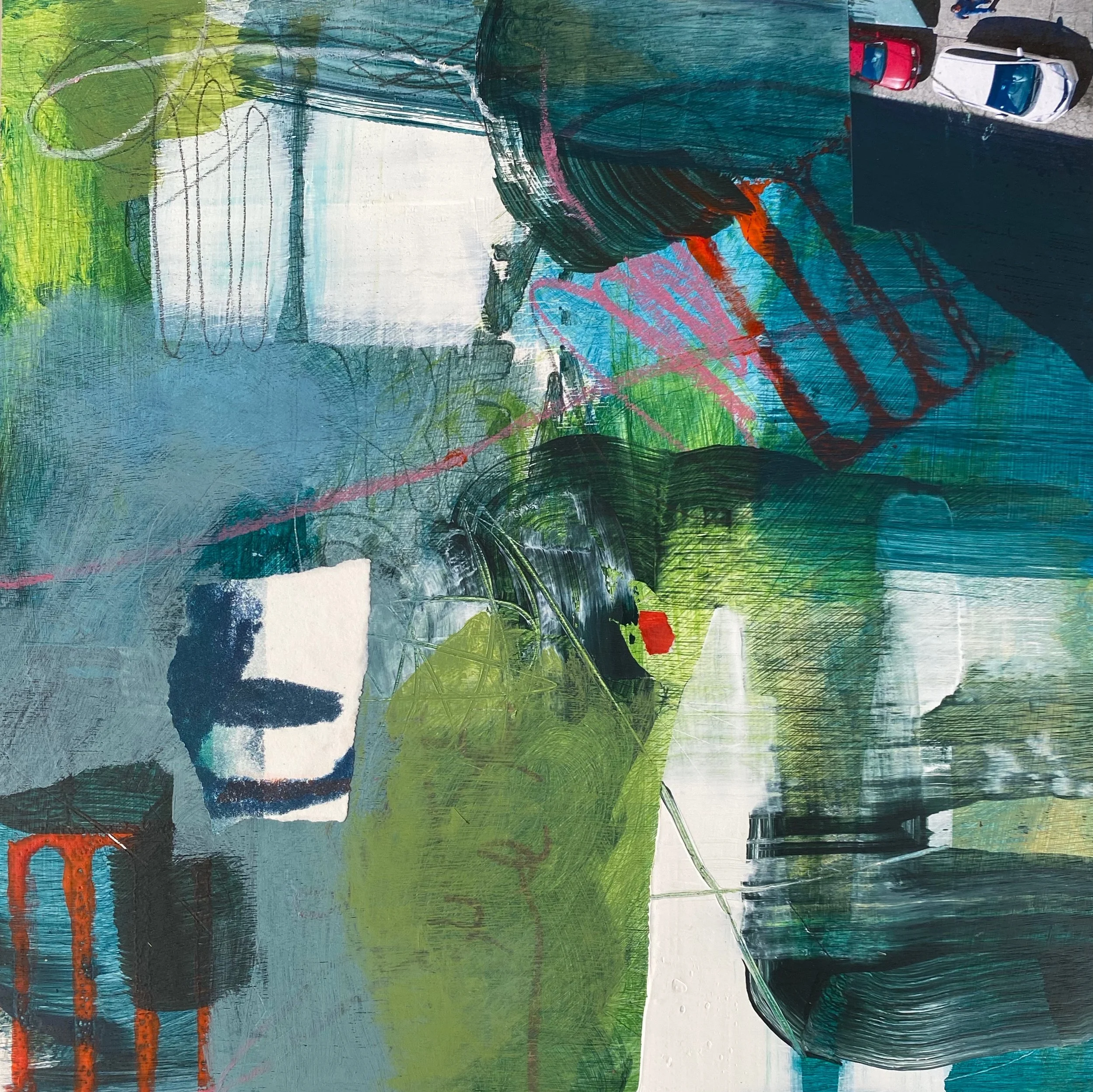 Abstract painting with green, blue, black, white, and red brushstrokes, includes partial images of cars and buildings.