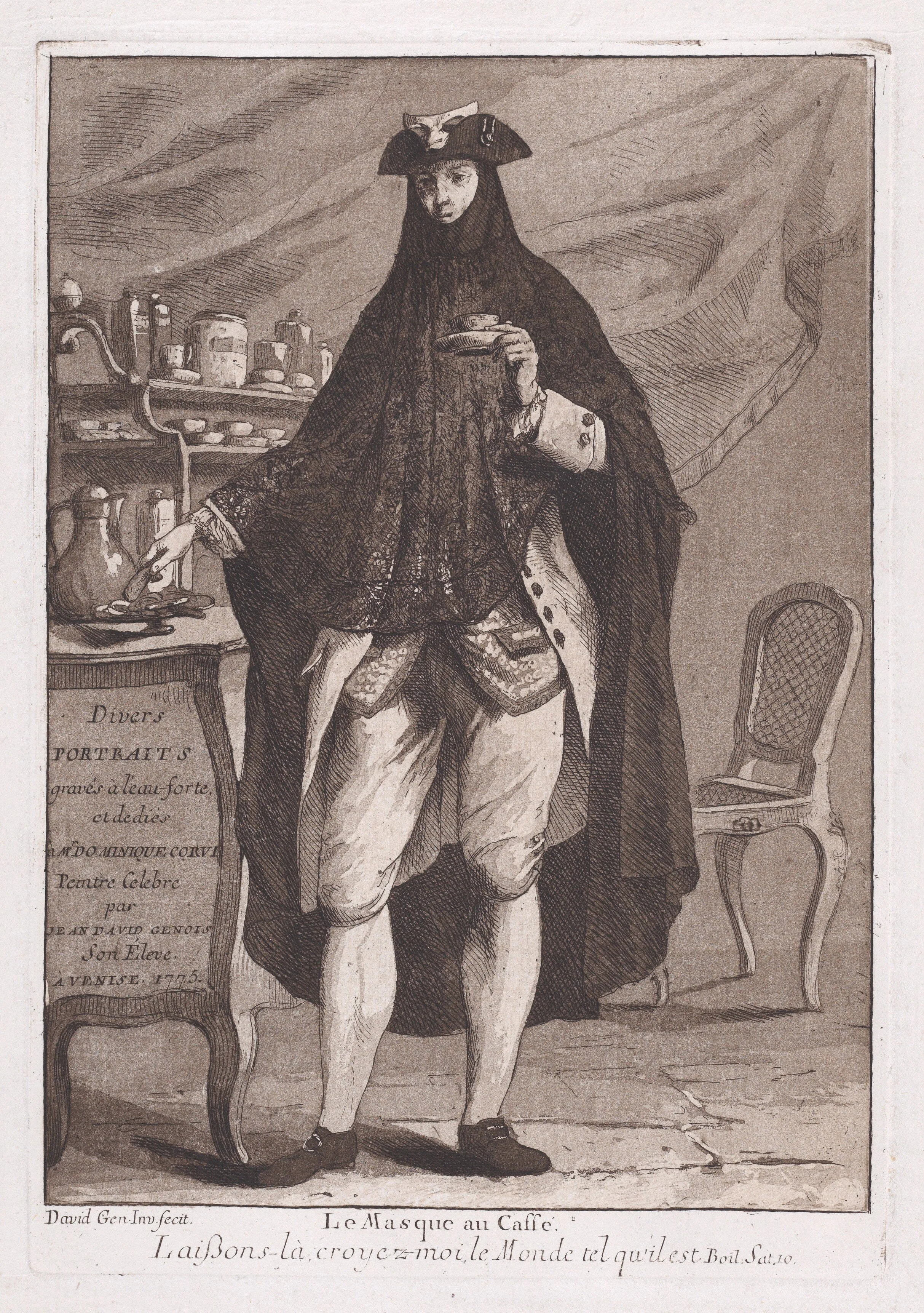 Historische Radierung von 1775: Ein maskierter Mann trinkt eine Tasse Kaffee