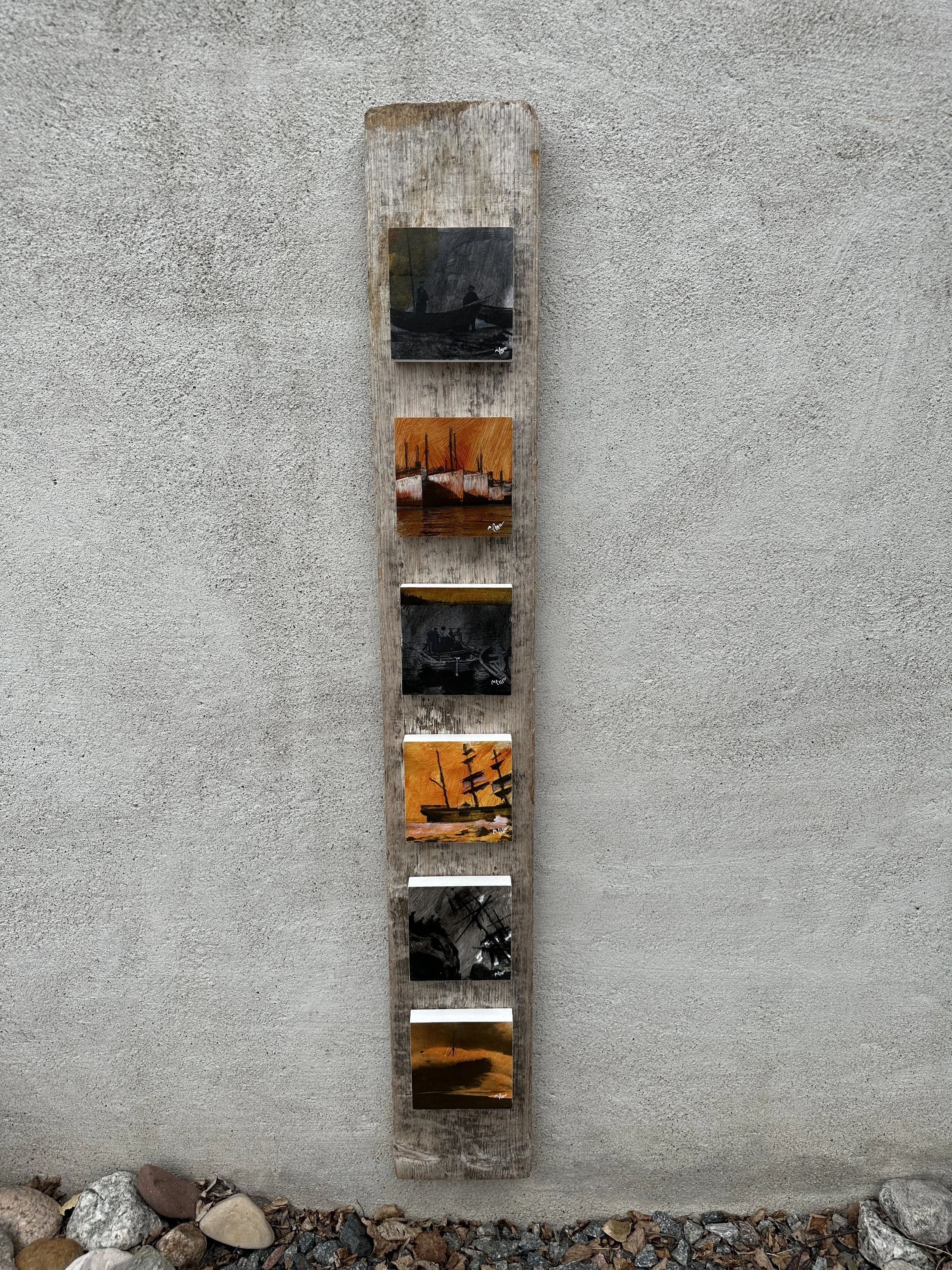 Sex vrak på drivved. 
130x20 cm. Mixed media. 
Pris: 1900 SEK.