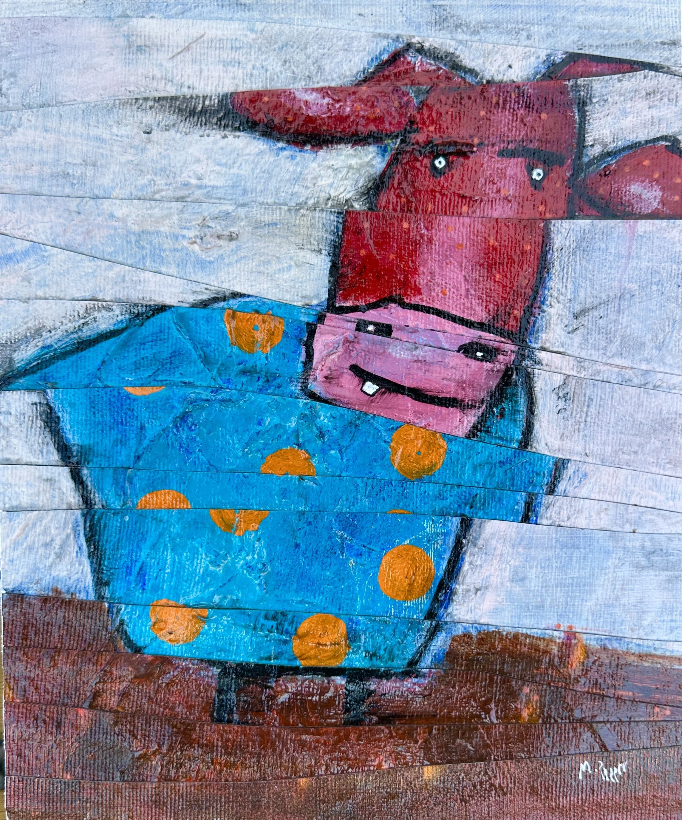 Beskuren ko. 27x22 cm. Akryl på duk, limmad på pannå. 500 SEK.