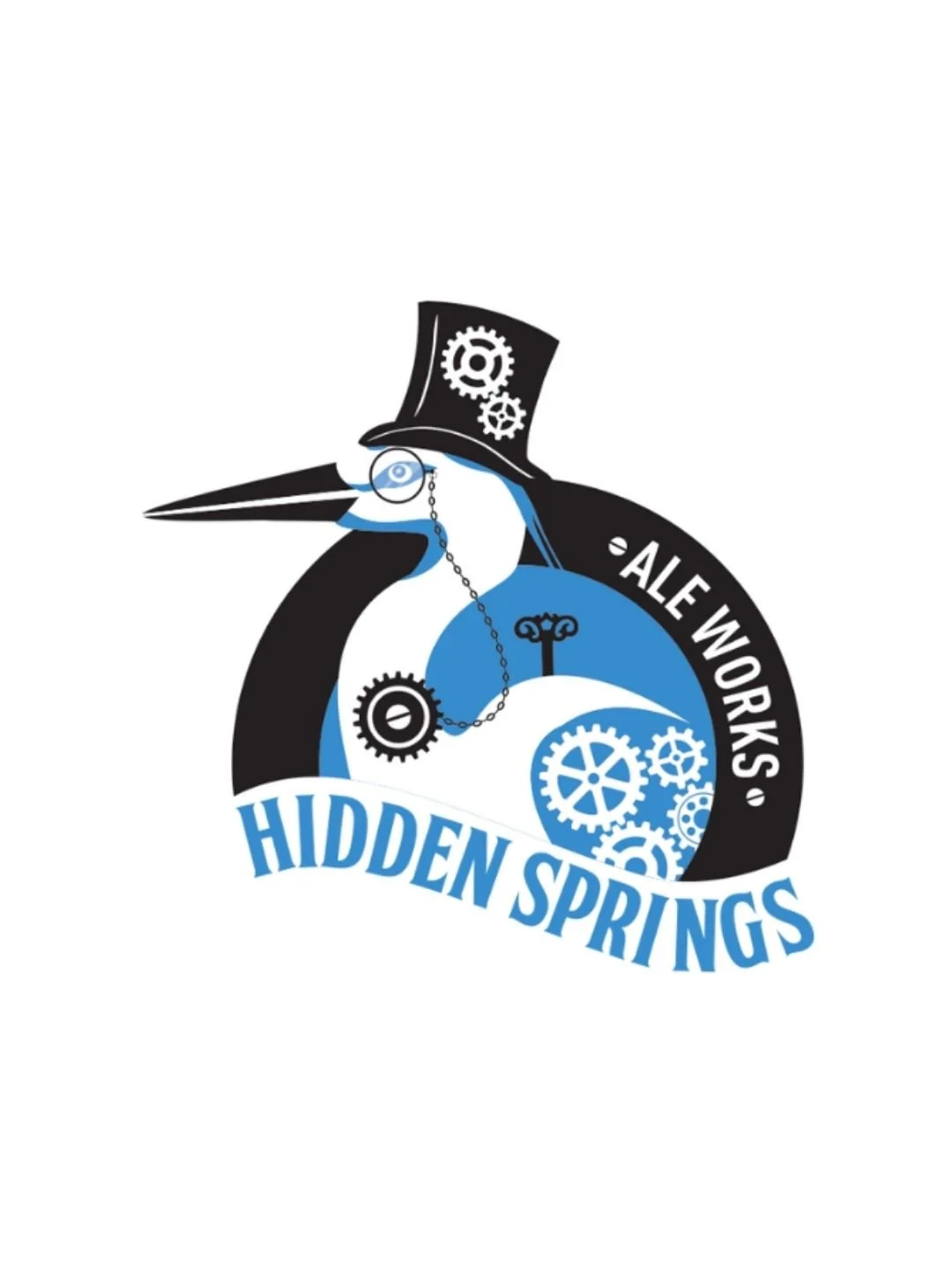 Logo of Hidden Springs Ale Works featuring a stylized penguin wearing a top hat with gears, glasses, and a chain, with blue and black color scheme and gears background.